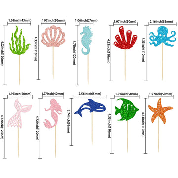 Gyufise 30Pcs Mermaid Cupcake Toppers Glitter Starfish Coral Mermaid Tail Cupcake Picks Octopus Seahorse Jellyfish Cake Decorati