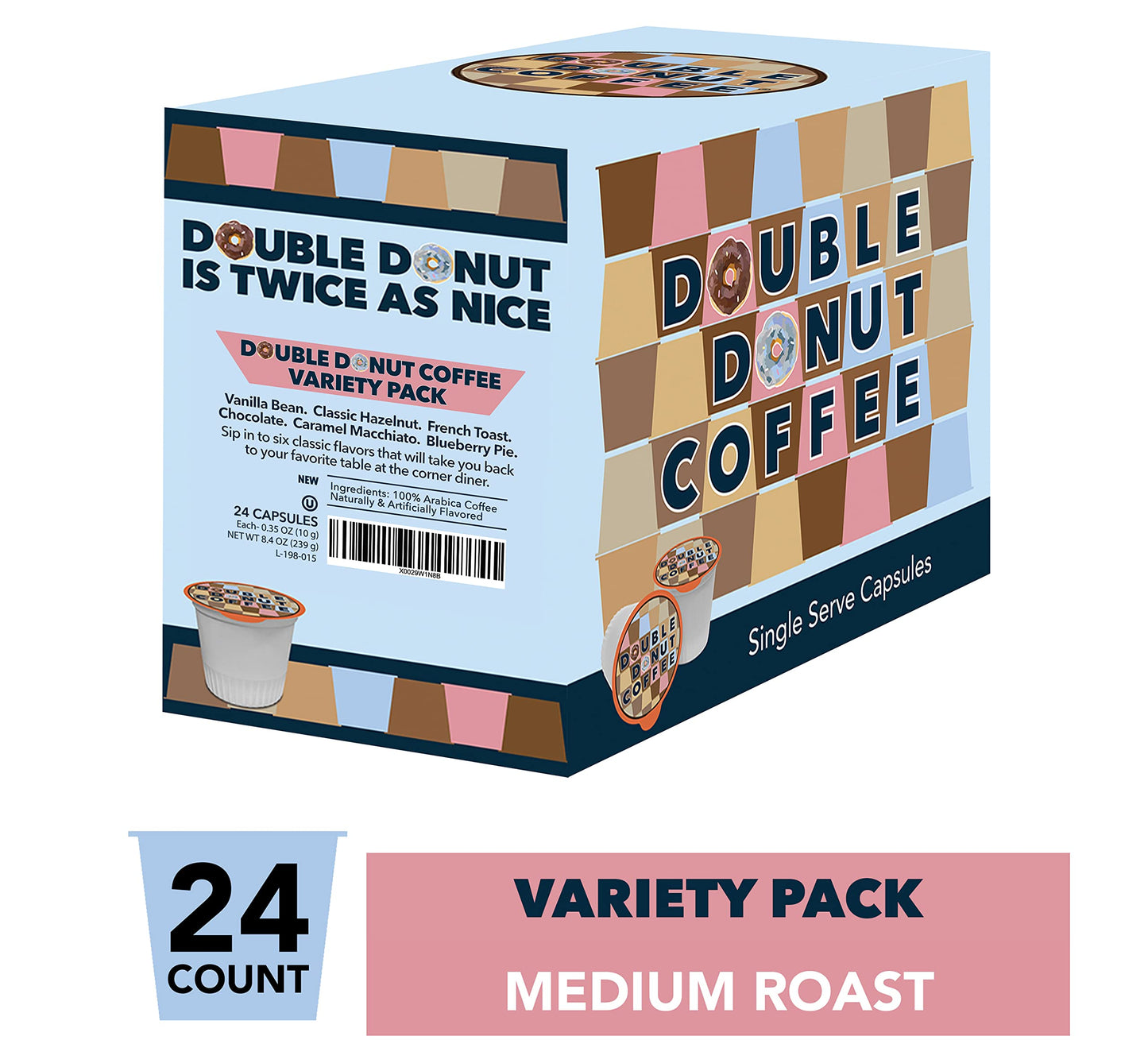 Double Donut Coffee Variety Pack - Flavored Coffee Pods, Hazelnut, Caramel, Chocolate, 24 Count for Keurig K Cups