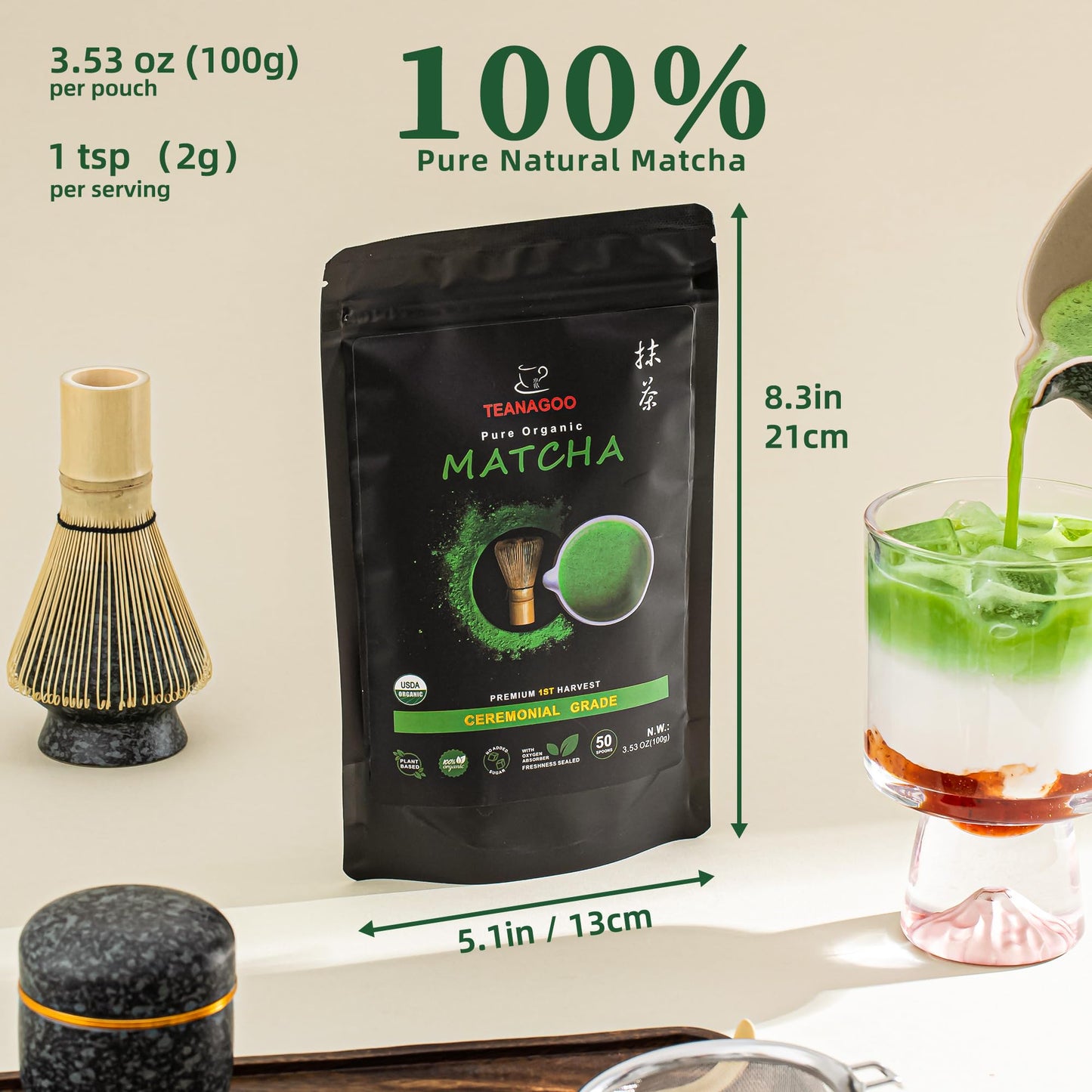 Teanagoo Matcha Powder Ceremonial Grade, Premium Green Tea For Latte/Breakfast Beverage/Daily Green Tea, Usda Organic Ceremony M