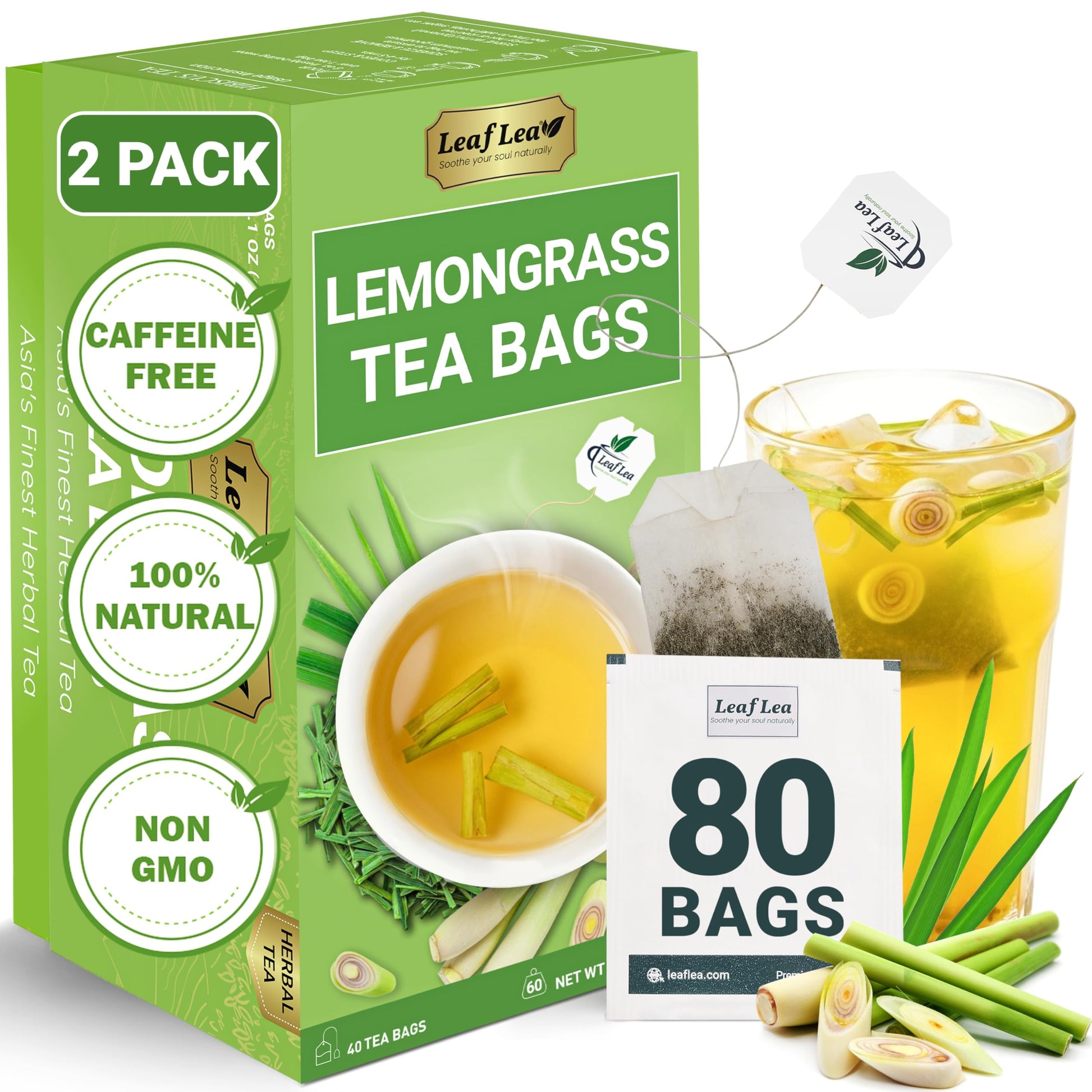 Leaflea 80 Top-Grade Lemongrass Tea Bags  Natural Herbal Lemongrass Leaves  Te De Limoncillo For Digestion Support  Light & Soothing Taste  Energy Blend-Free  Sugar-Free  Vegan  Individually Wrapped