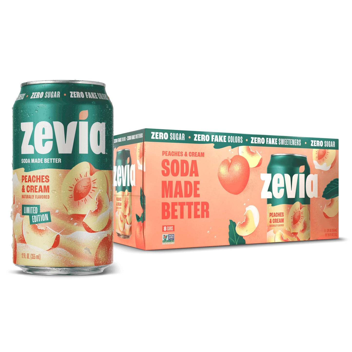 Zevia Zero Sugar Soda  Peaches and Cream  12 oz Cans (8-Pack) - Caffeine Free  Naturally Sweetened  No Calorie Soda - Non-GMO Project Verified  Gluten-Free  Vegan
