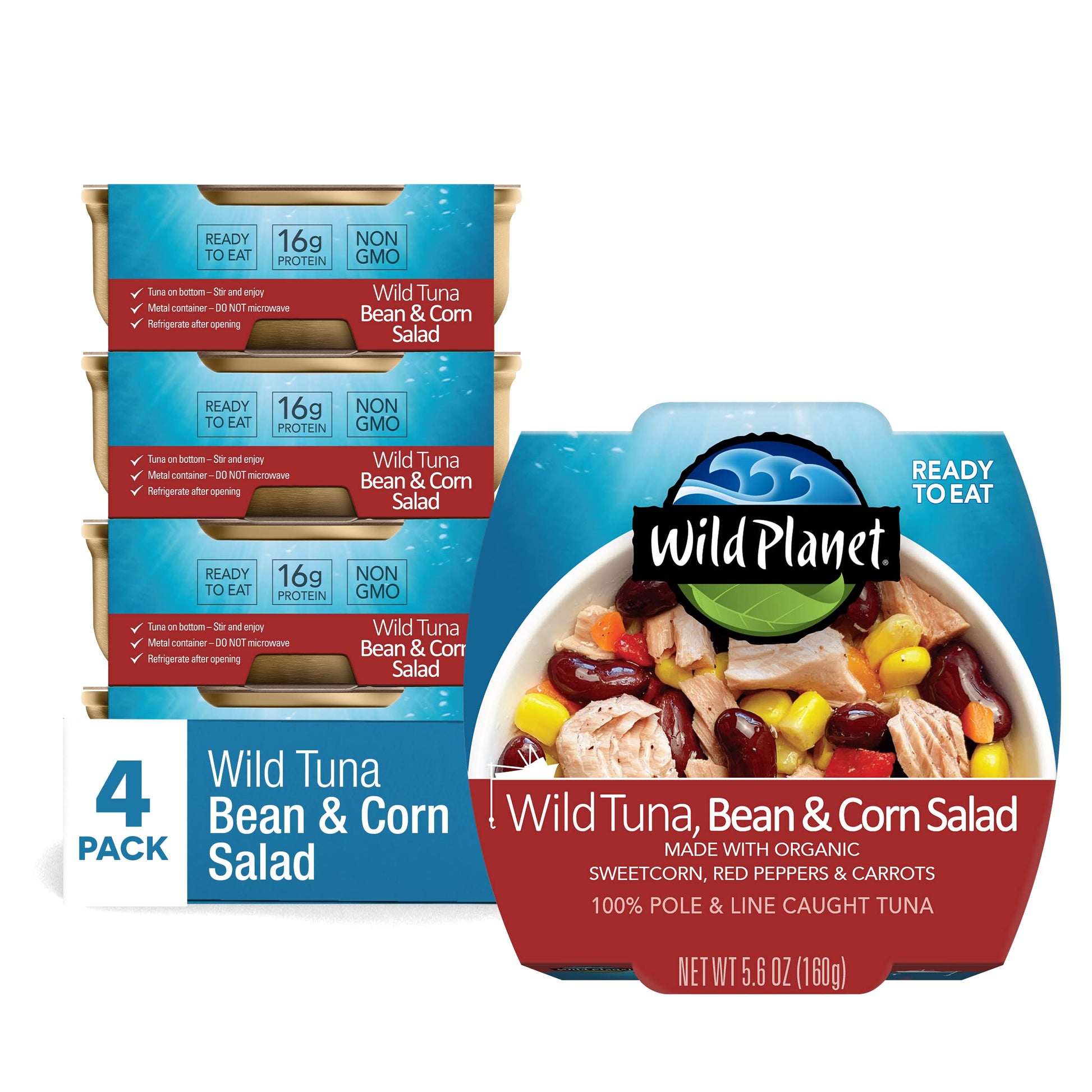 Wild Planet Ready-to-Eat Wild Tuna, Bean & Corn Salad with Organic Sweetcorn, Red Peppers and Carrots, Tuna Salad, 5.6oz, Pack o