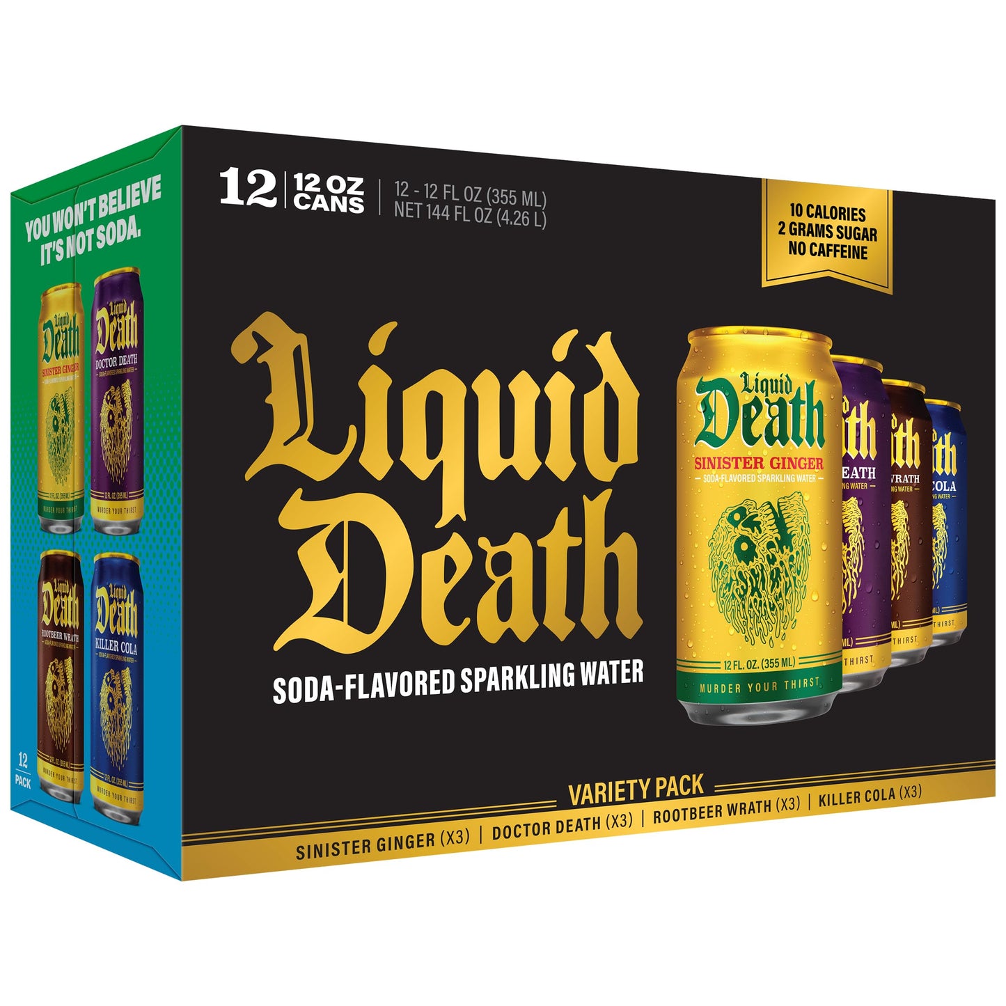 Liquid Death Soda-Flavored Sparkling Water - Classic Variety 2  Less Sugar*  Huge Flavor  No Artificial Sweeteners  4 Flavors: Sinister Flavor Blendger  Doctor Death  Cola  Root Malt Drink  12 Fl Oz (Pack Of 12)