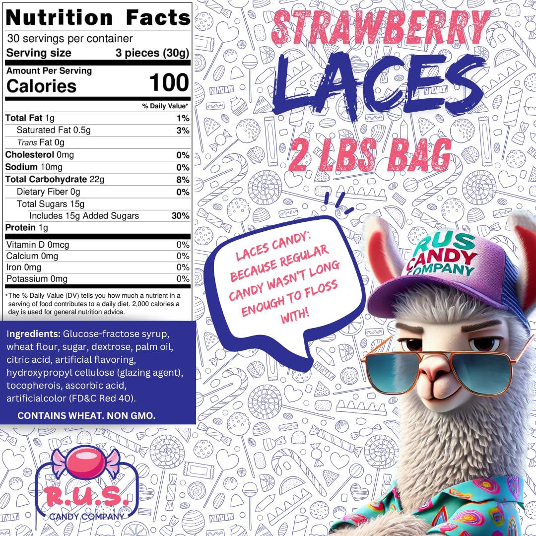 R.U.S. Candy Licorice Laces - Soft & Chewy Strawberry Flavor - 2 lbs Bulk Size