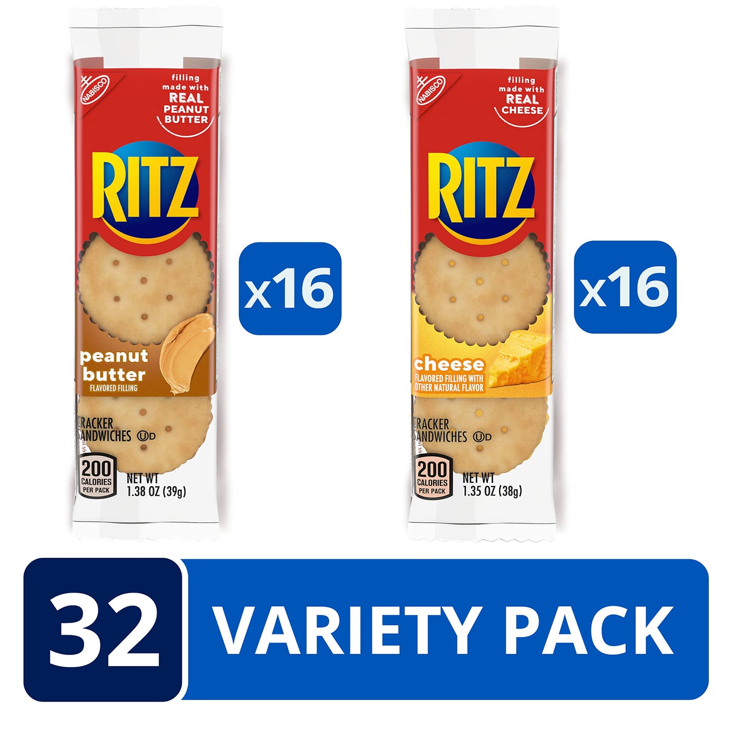 Ritz Peanut Butter Sandwich Cracker Snacks And Cheese Sandwich Crackers, Snack Crackers Variety Pack, 32 Snack Packs (6 Crackers