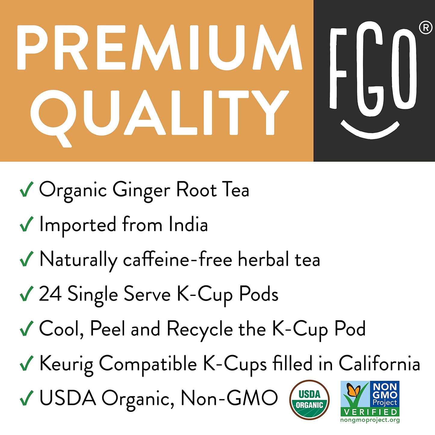 FGO Organic Ginger Tea K-Cup Pods - Caffeine-Free, Keurig Compatible, 24 Count, Pack of 1