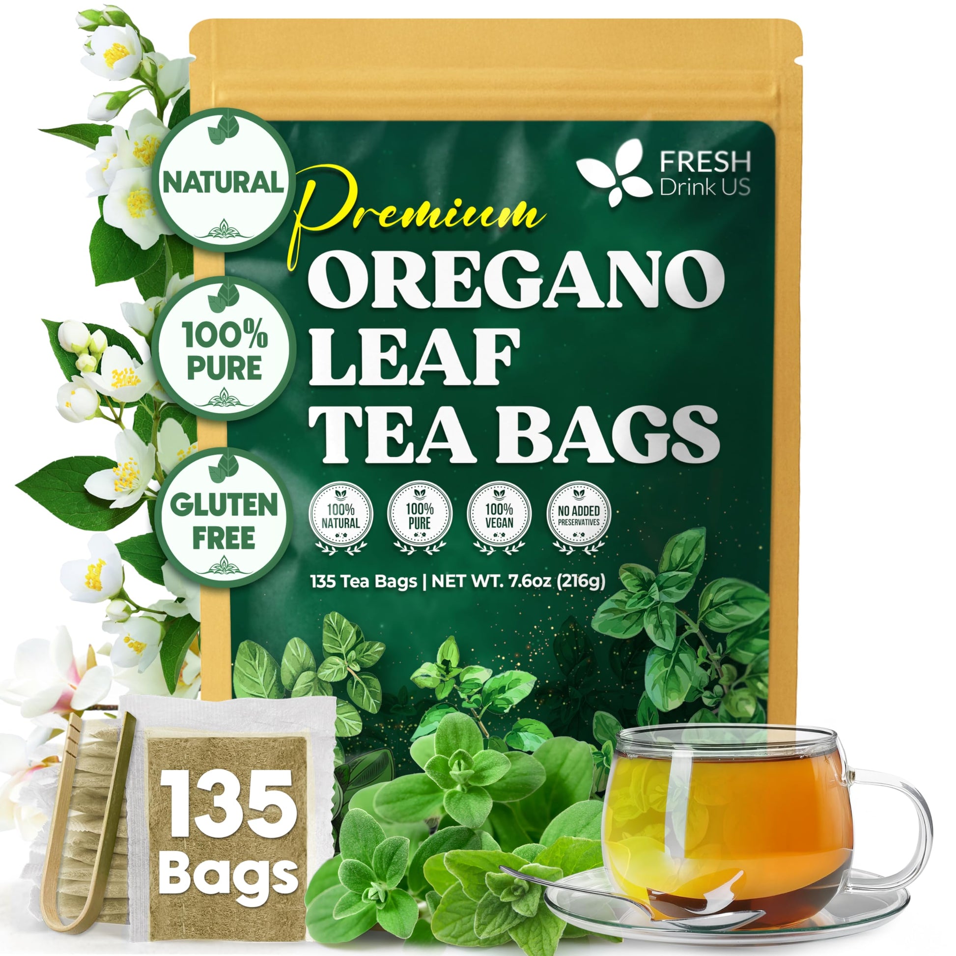 Freshdrinkus  Oregano Leaf Tea | 135 Tea Bags - Pure Herbal Infusion From Origanum Vulgare - Naturally Bold & Aromatic Flavor - Top-Grade Quality  Sustainably Sourced. Vegan