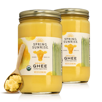 Spring Sunrise Organic Grass Fed Ghee Butter - Usda Certified Organic Clarified Butter - Paleo, Keto Friendly, Non-Gmo, Gluten, & Casein Free Cooking Oil - Sustainably Sourced (2 Pack, 32Oz Jar)