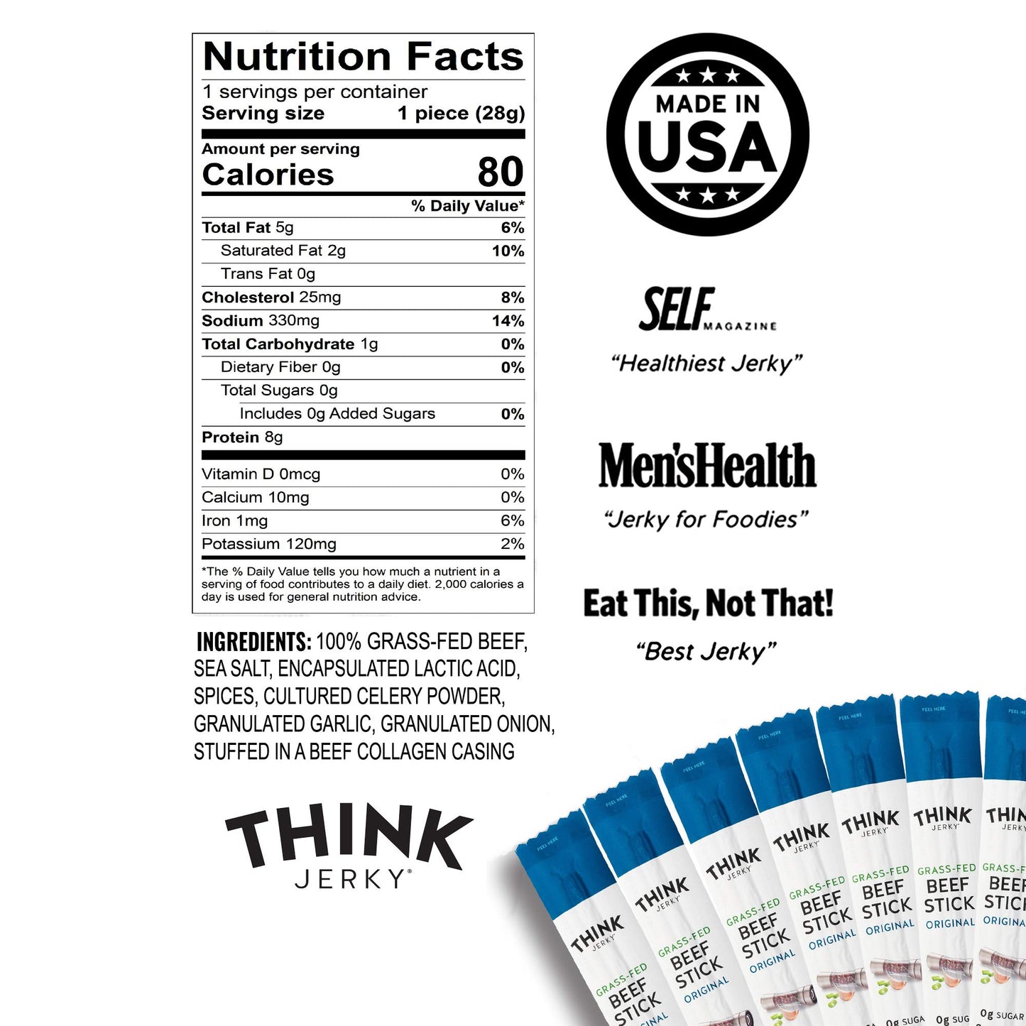 Think Jerky, Original Grass-Fed Beef Sticks (1.0 Ounce Sticks, Pack Of 20 Sticks) - Sugar Free, Gluten Free, Non Gmo, No Nitrate