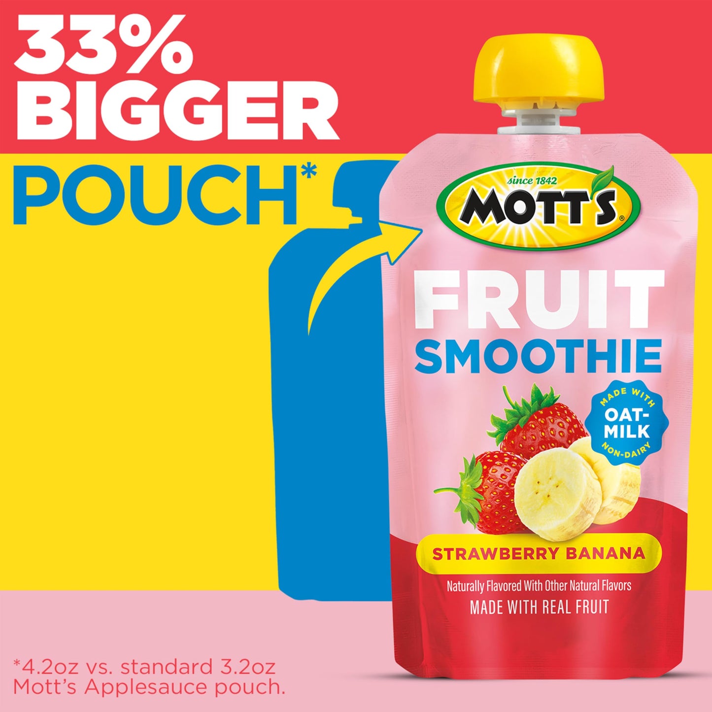 Motts Fruit Smoothies Strawberry Banana, 4.2 oz clear pouches, 8 Pack, Non-dairy, Made With Oatmilk, Made With Real Fruit, Good