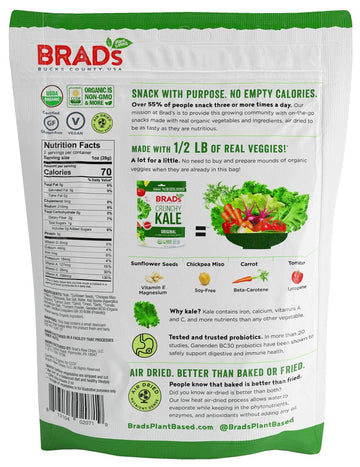 Brad'S Plant Based Organic Crunchy Kale, Original With Probiotics, 3 Bags, 6 Servings Total