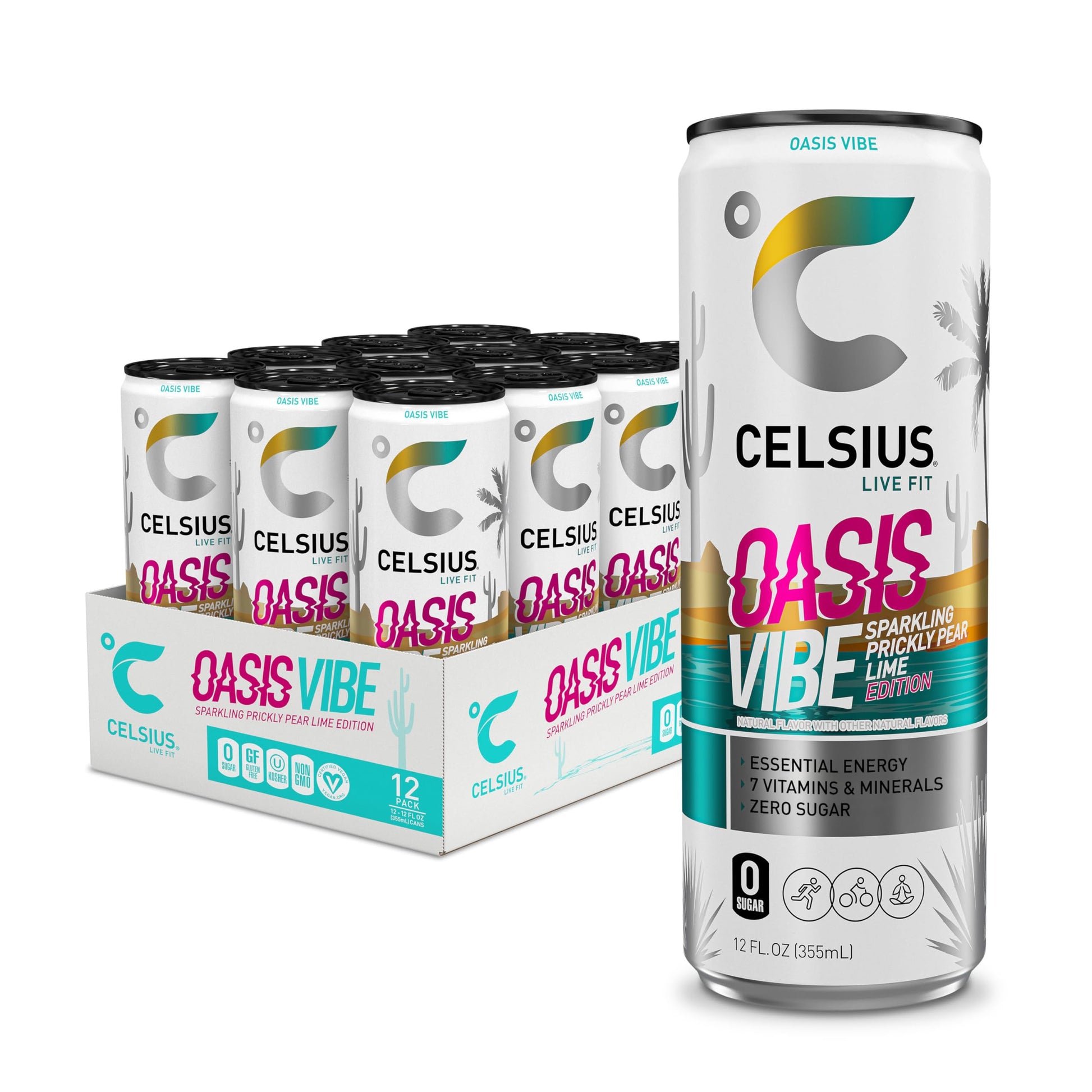CELSIUS Sparkling Oasis Vibe Energy Drink, 12 Fl Oz, Pack of 12, Model ANICEMOON