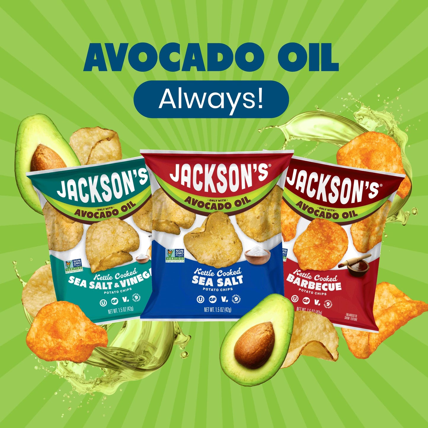 Jacksons Classic Kettle Potato Chips (Variety Pack, 1.5 Oz, Pack Of 10) - Made With Premium Avacado Oil, Sea Salt, Salt & Vinega