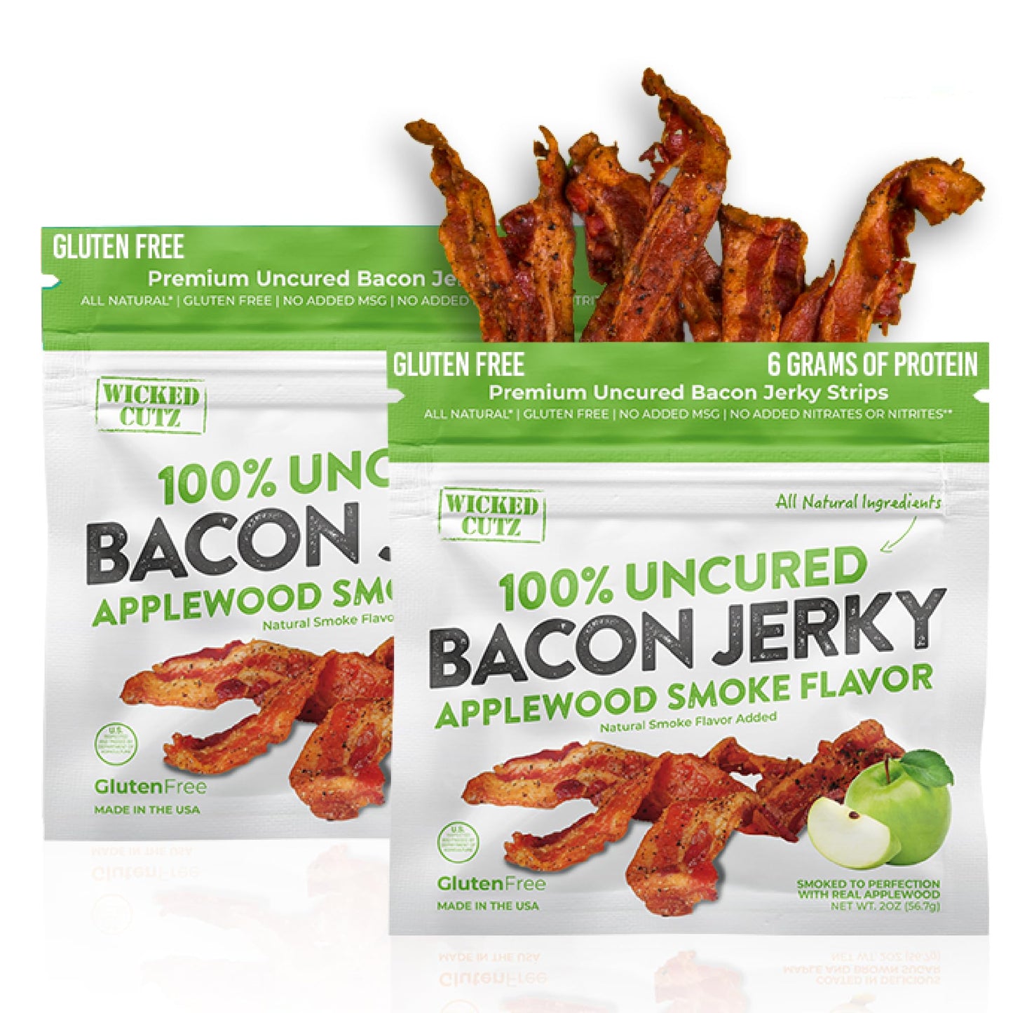 Wicked Cutz Applewood Smoked Bacon Jerky, 12g Protein, Fully Cooked, 2 Ounce (Pack of 2)