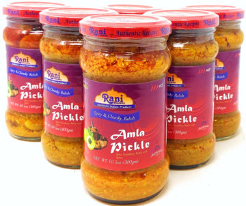 Rani Amla Pickle (Spicy Gooseberry Relish with Spices) 10.5oz (300g) Glass Jar, Pack of 5+1 FREE ~ Vegan | Gluten Free | NON-GMO