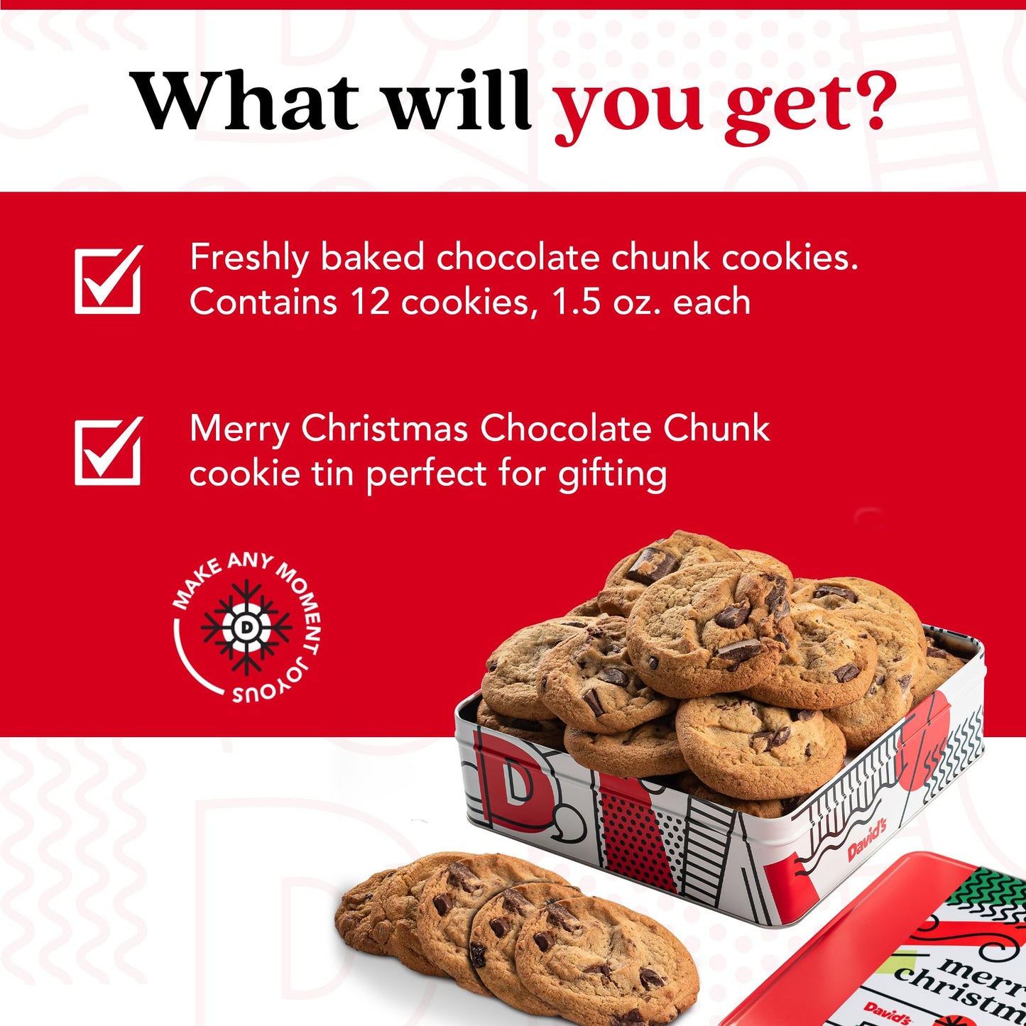 Davids Cookies Gourmet Chocolate Chunk Cookies in Merry Christmas Tin - 1lb, All Natural, No Preservatives, Handmade Gift Basket