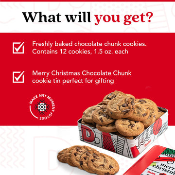 Davids Cookies Gourmet Chocolate Chunk Cookies in Merry Christmas Tin - 1lb, All Natural, No Preservatives, Handmade Gift Basket