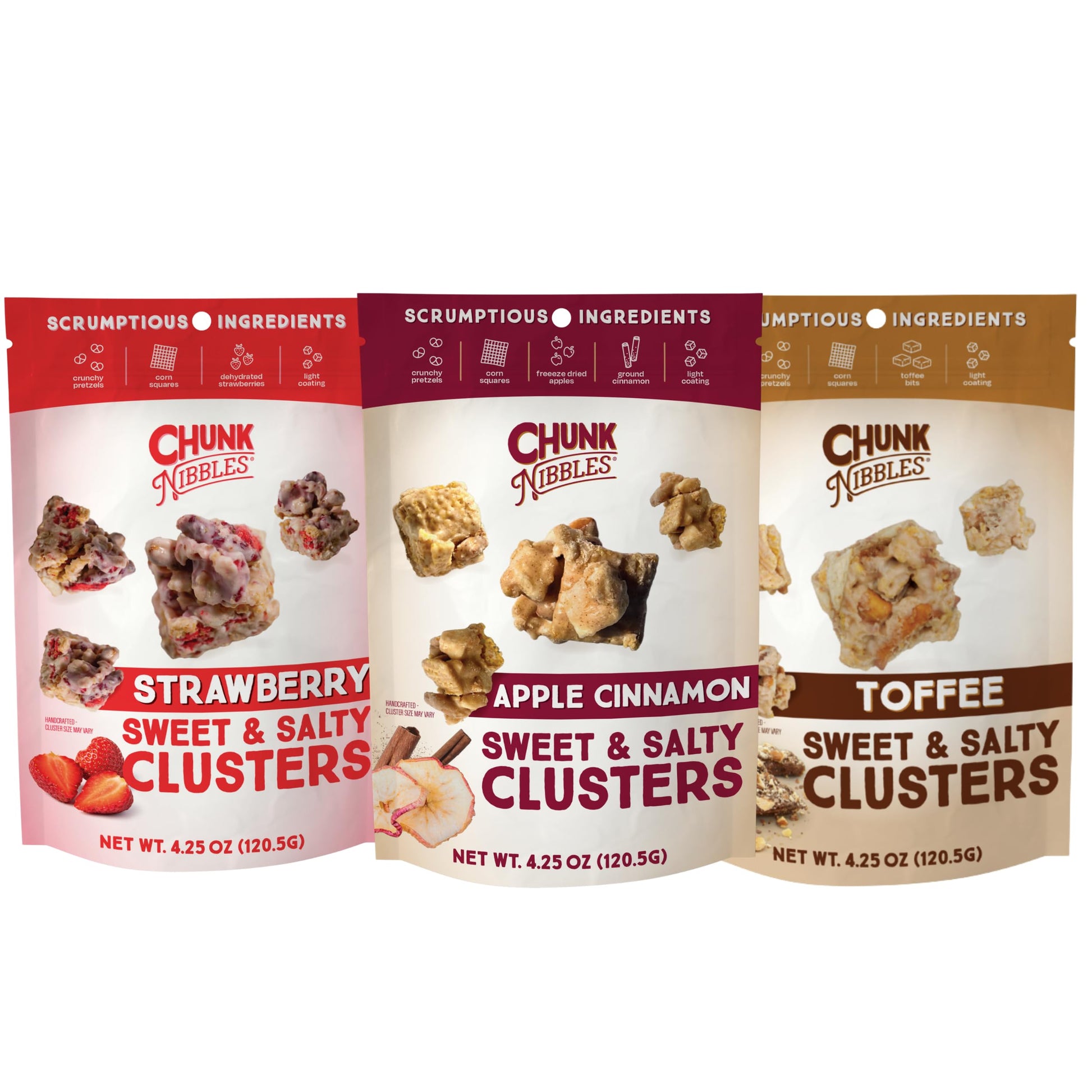 Chunk Nibbles Variety Snack Pack - Strawberry, Apple Cinnamon, Toffee Clusters - Gourmet Sweet & Salty Treat - Handcrafted, No A