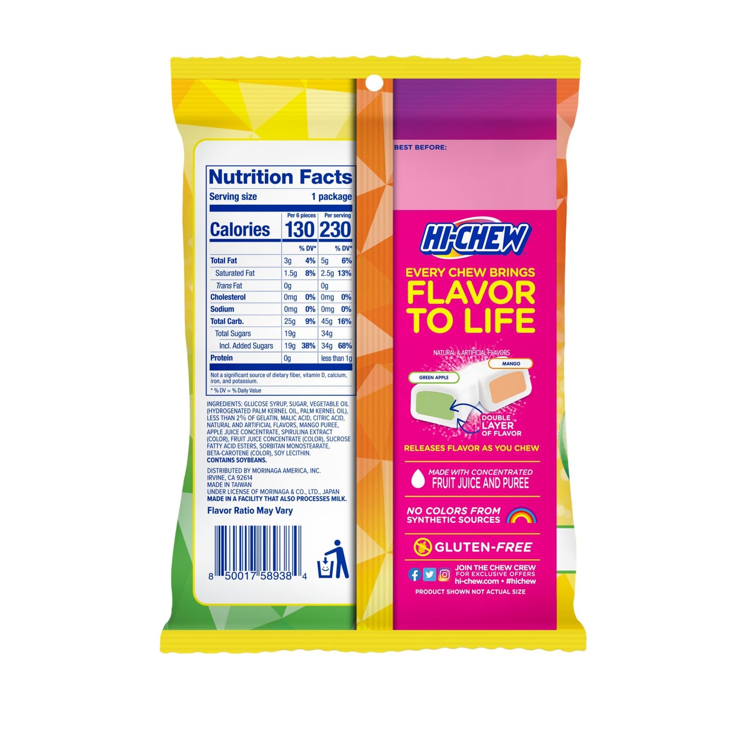 Hi-Chew Green Apple & Mango Mix, Pack Of 8 Bags, 1.94Oz Each - Green Apple & Mango, Unique Fun Soft & Chewy Taffy Candy - Immensely Juicy Fruit Flavors - Individually Wrapped For Sharing