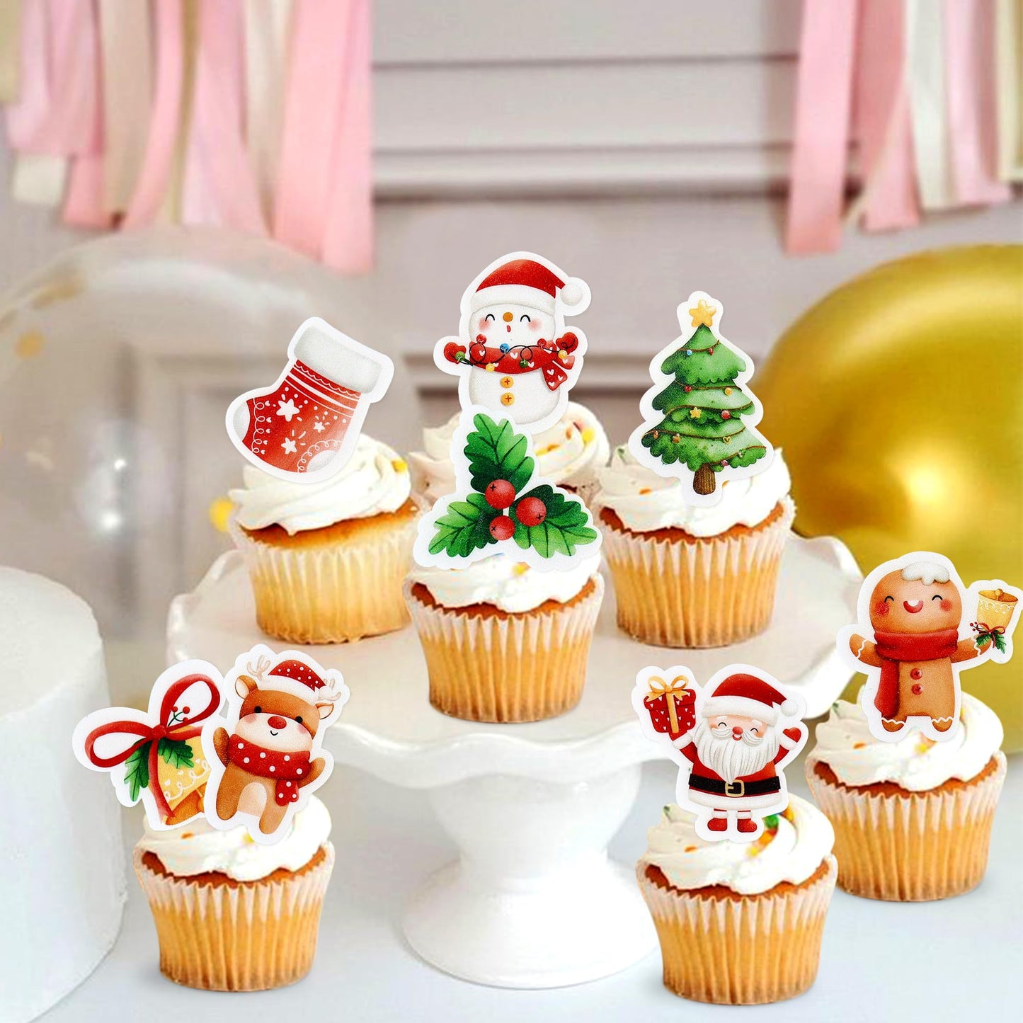 Ercadio 40 Pcs Edible Merry Christmas Cupcake Toppers Santa Claus Christmas Tree Snowman Cupcake Drink Topper Picks For Celebrating Merry Christmas Theme New Year Holiday Party Cake Decorations