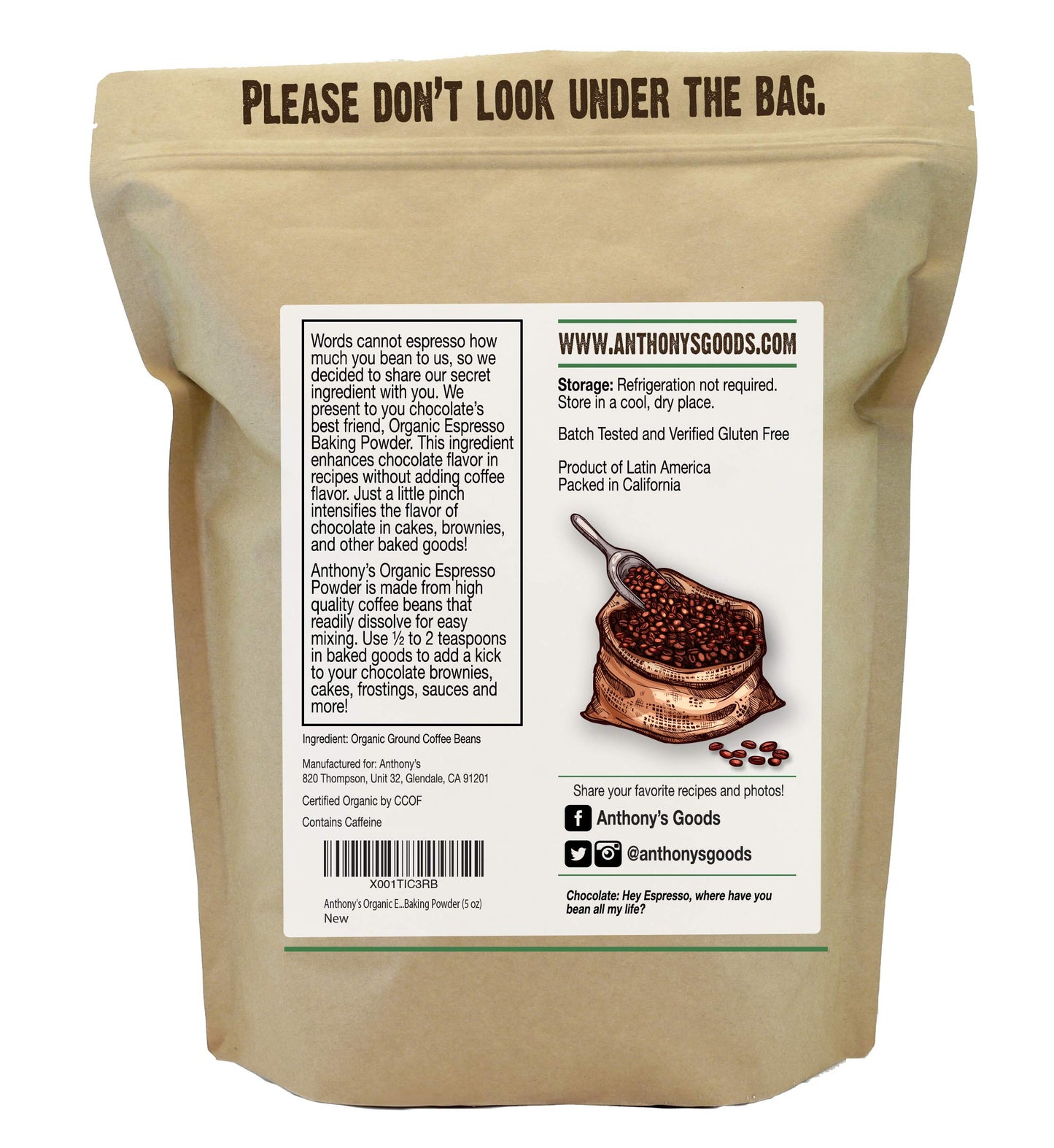 Anthony's Organic Espresso Baking Powder, 5 oz - Gluten Free, Non-GMO, Enhances Chocolate Flavor for Baking