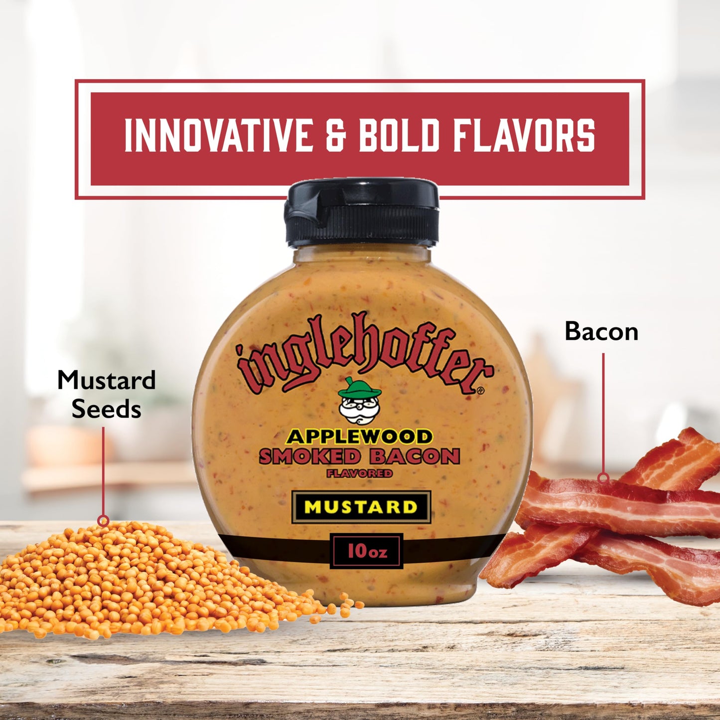INGLEHOFFER Applewood Smoked Bacon Mustard, 10 oz Squeeze Bottle, Ideal for Grilling and Dipping