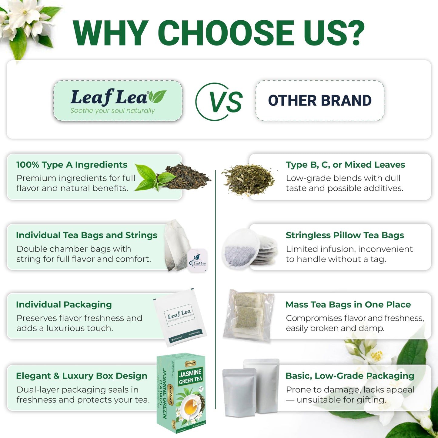 LeafLea 80 Jasmine Green Tea Bags, Green Tea with Natural Jasmine Aroma, Light Focus & Daily Balance, Delicate Floral and Smooth