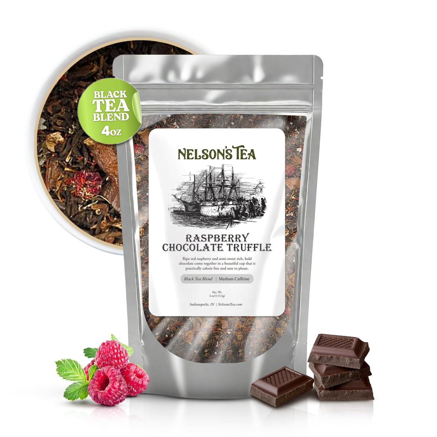 Nelsons Tea Raspberry Chocolate Truffle Loose Leaf Black Tea, 4 oz, Infused with Natural Flavors, Includes Raspberry Leaf and Carob Beans