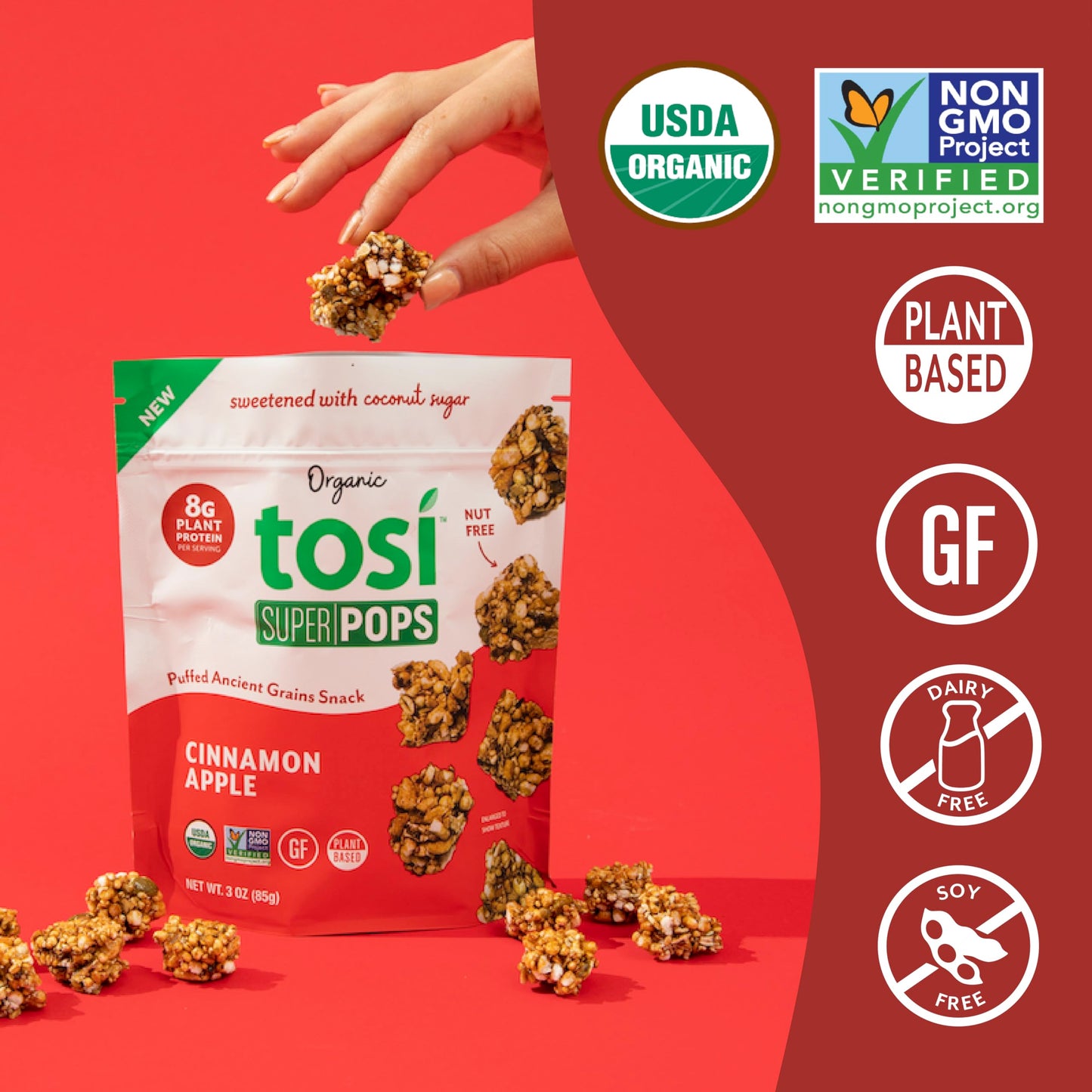 Tosi Puffs Cinnamon Apple Vegan Snacks, Gluten Free, 8G Protein, 1 oz (4 Pack)