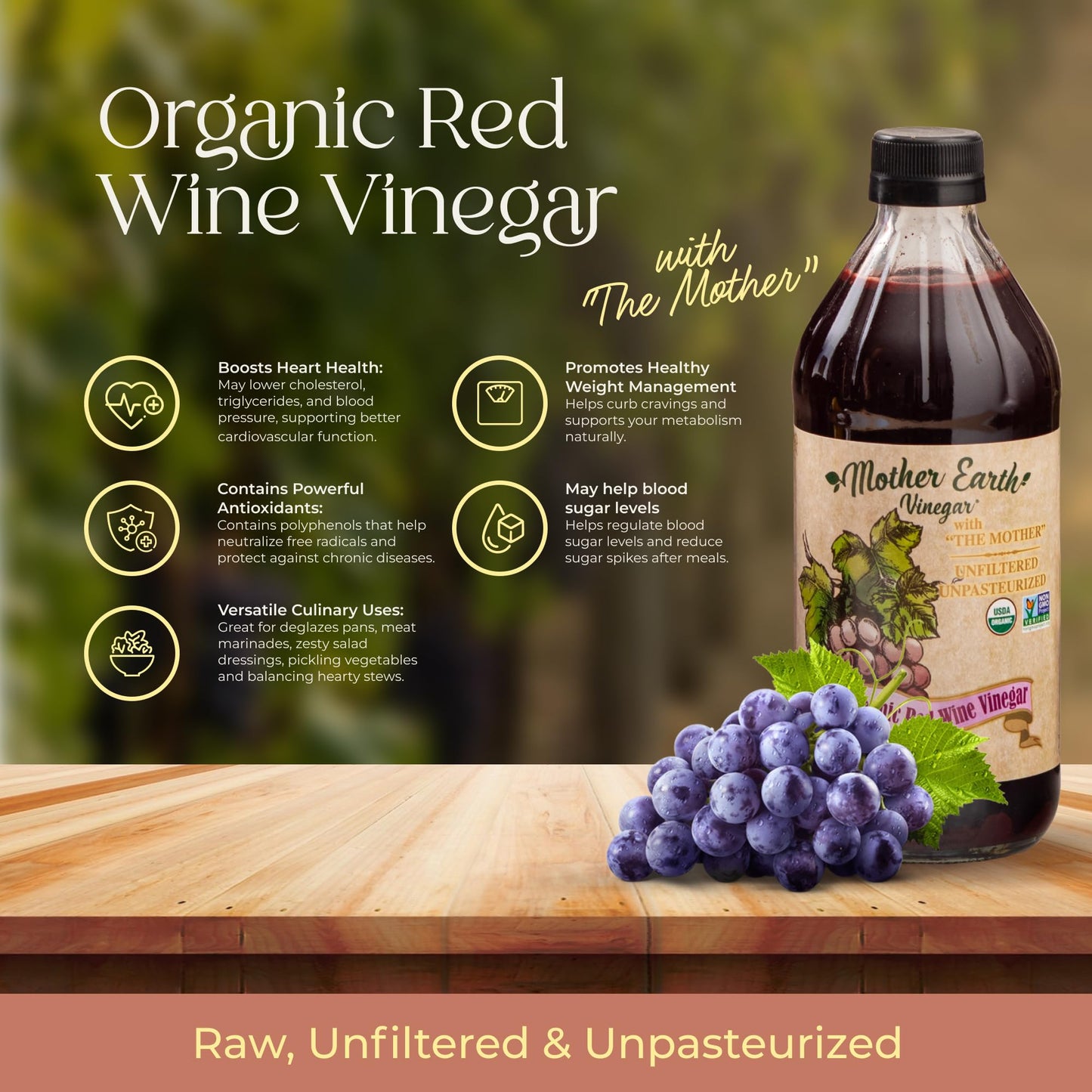 Mother Earth Vinegar Organic Red Wine Vinegar, Unfiltered & Unpasteurized, 16 Fl Oz Glass Bottle