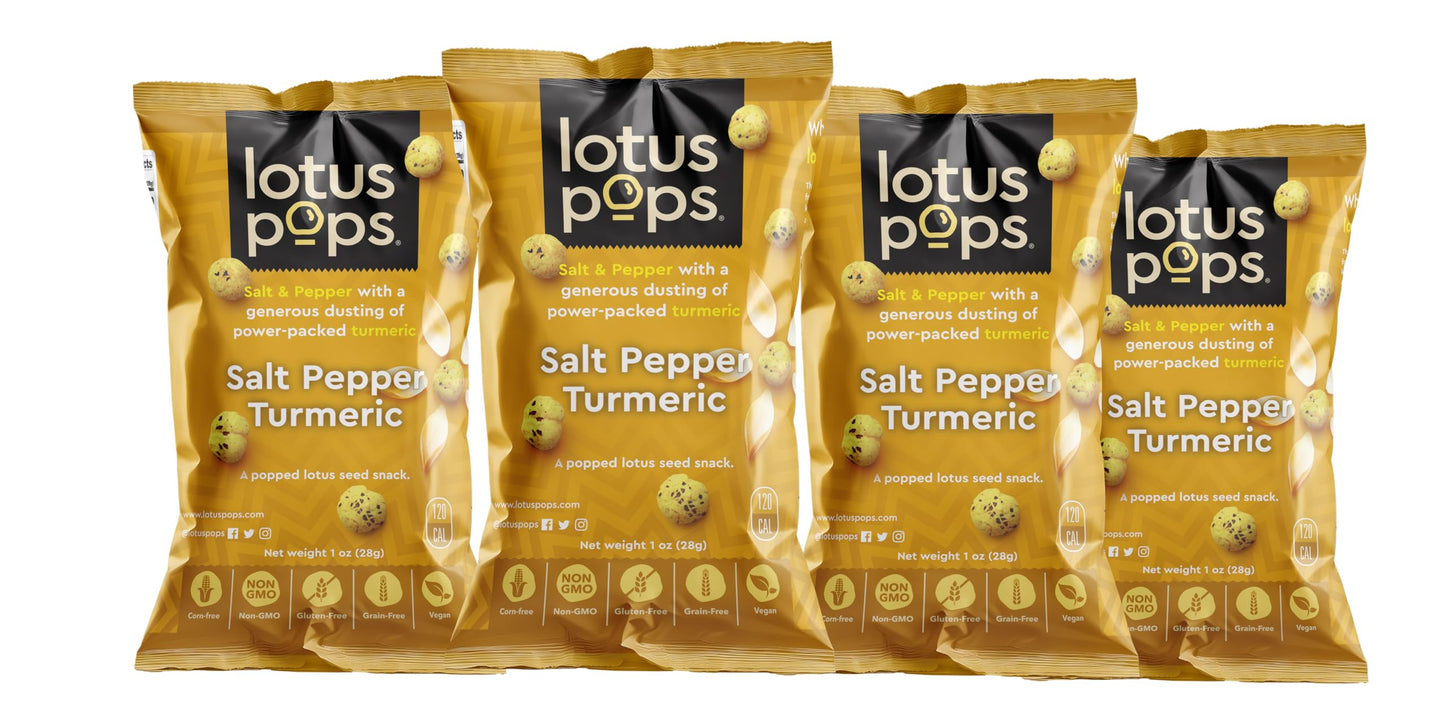 Lotus Pops - Popped Lotus (Water Lily) Seed Snacks  Low Calorie Gluten Free And Vegan Snacks | Plant Protein | Roasted Not-Fried | Paleo | Grainfree | Nongmo Certified | (Salt Pepper Turmeric 4 1Oz Packs)