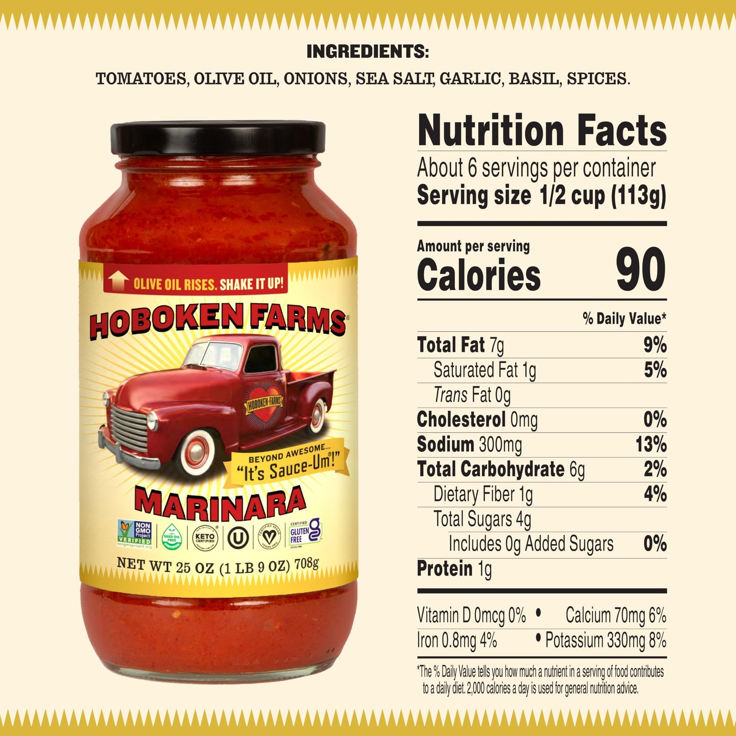 Hoboken Farms Marinara Sauce, No Sugar Added, Low Sodium, Non-GMO, Keto, 25oz, Pack of 2