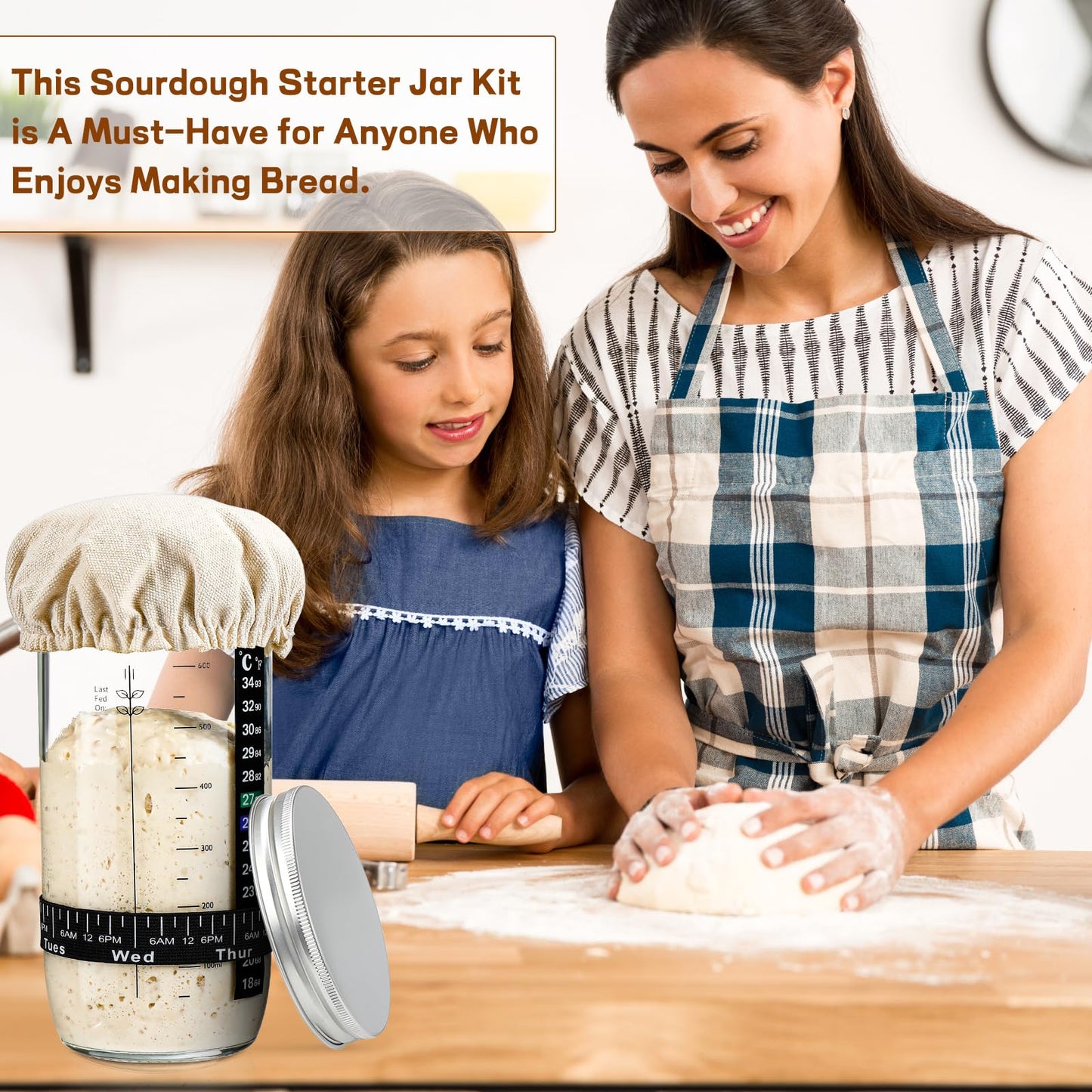 Sourdough Bread Baking Supplies 24 oz Sourdough Starter Jar Glass  Sourdough Starter Kit with Date Marked Feeding Band  Thermometer  Silicone Scr  Sewn Cloth Cover & Aluminum Lid  Sourdough Jar