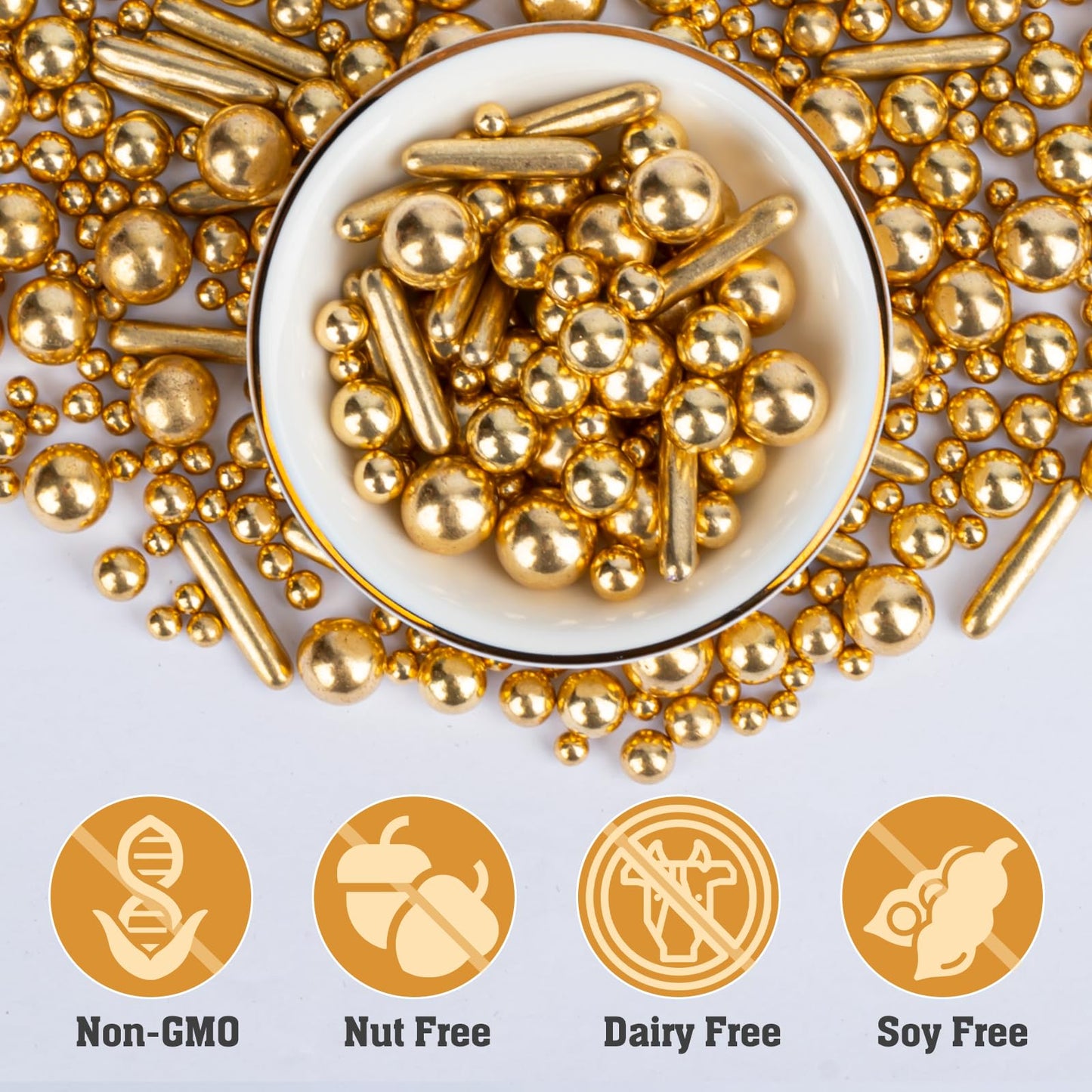 Twisweet Gold Pearl Rods Sprinkles, Edible Sugar Sprinkles for Cake Decorating Mix Size Candy Pearls for Baking Cake Topper Ice