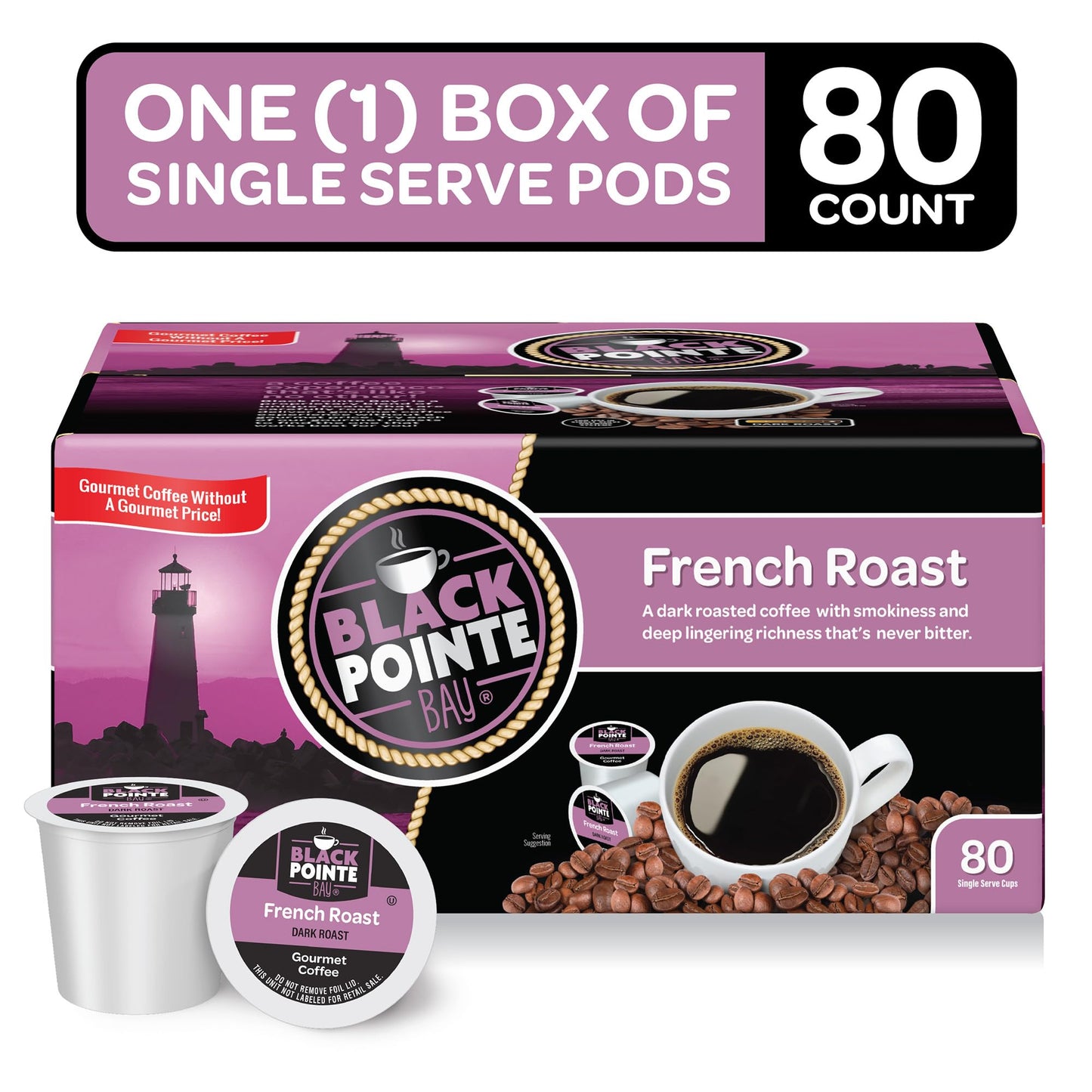 Black Pointe Bay Coffee French Roast, Dark Roast, 80 Count, Single Serve Coffee Pods For Keurig K-Cup Malt-Inspired