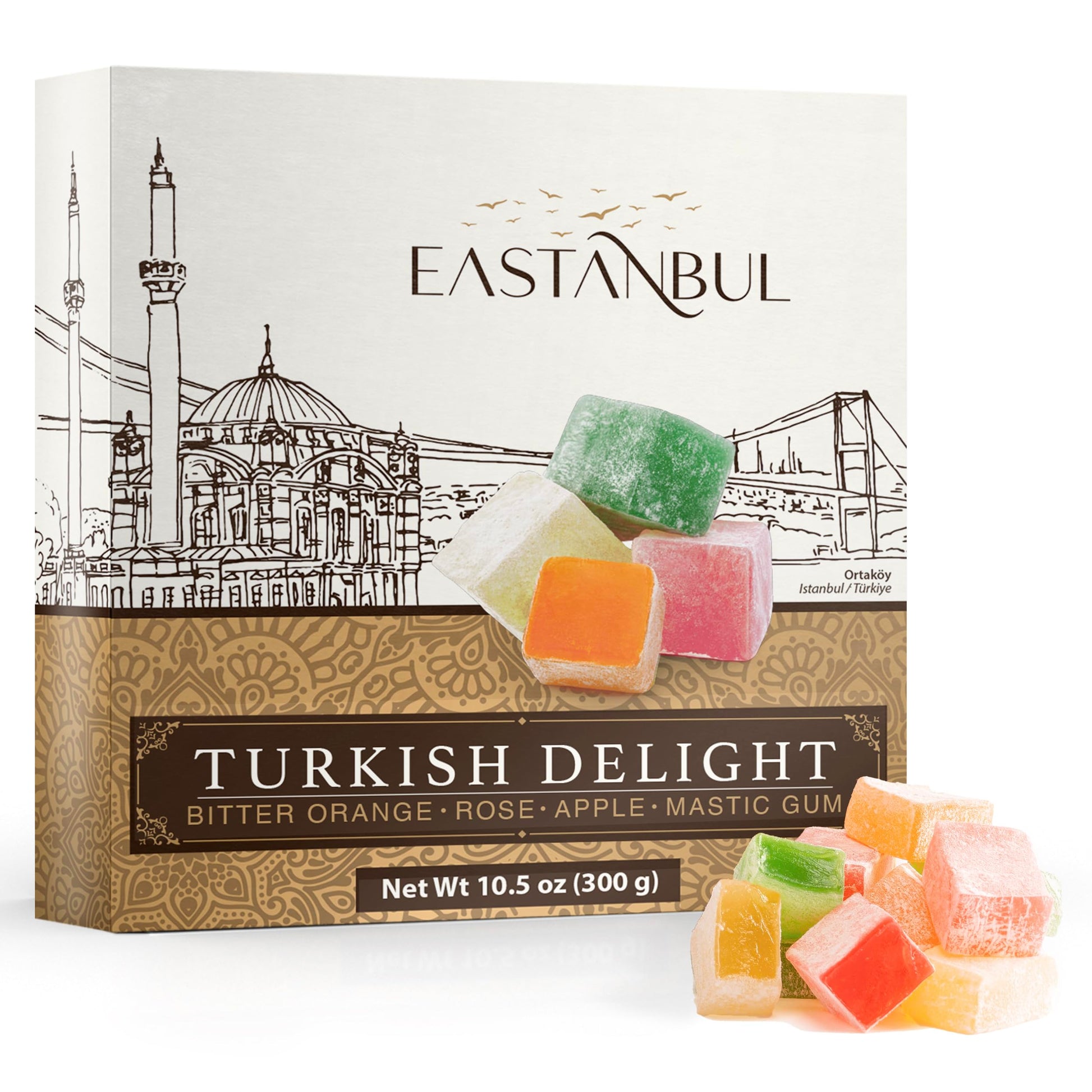 Eastanbul Turkish Delight Candy 10.5Oz, 4 Mediterranean Flavors, Turkish Delights Assorted, Lokum Turkish Delight Rose, Bitter O