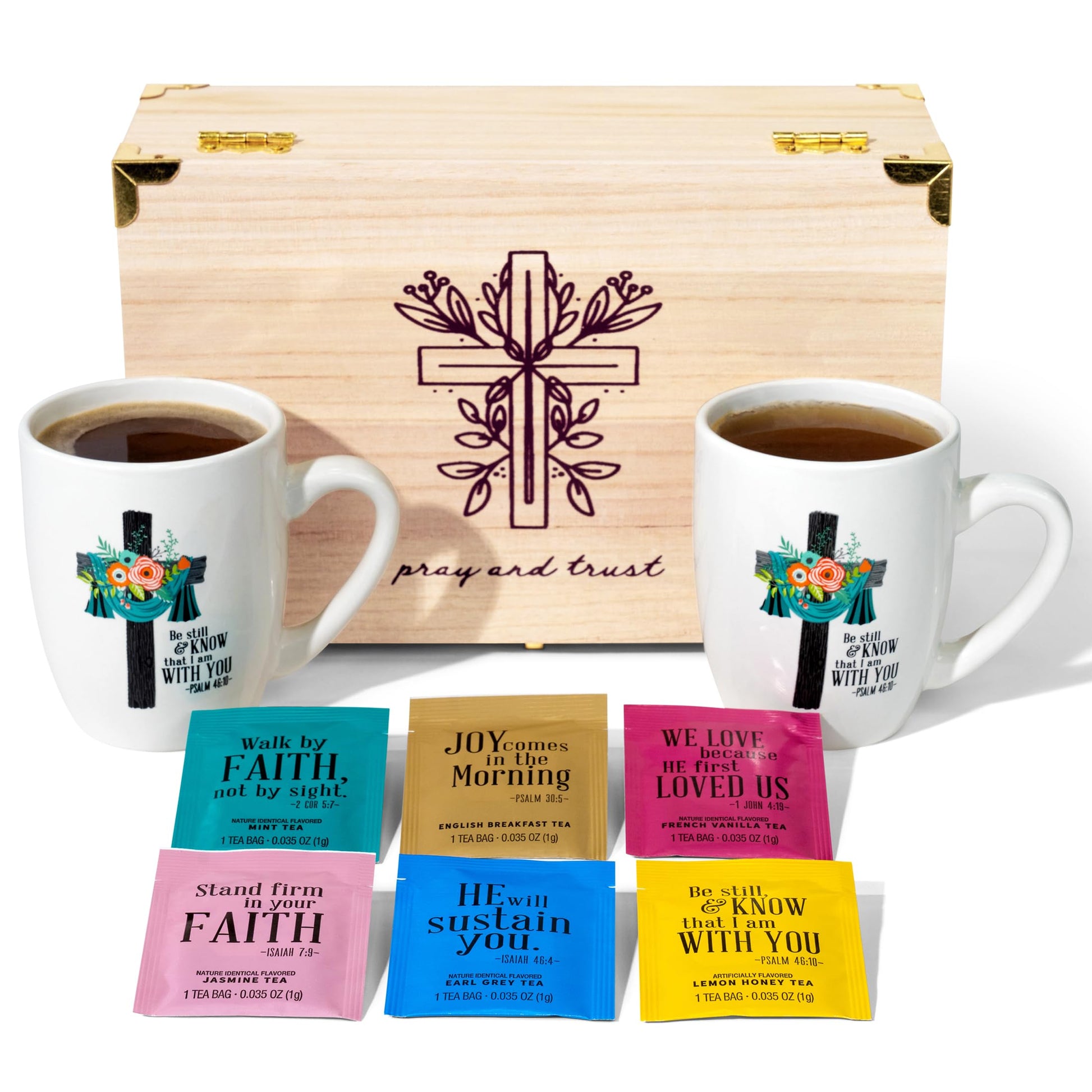 Thoughtfully Gourmet, Christian Prayer Tea Gift Set, Includes 30 Teas In 6 Flavors With Bible Verses & 2 Religious Mugs In Premium Wooden Box