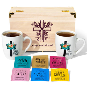 Thoughtfully Gourmet, Christian Prayer Tea Gift Set, Includes 30 Teas In 6 Flavors With Bible Verses & 2 Religious Mugs In Premium Wooden Box