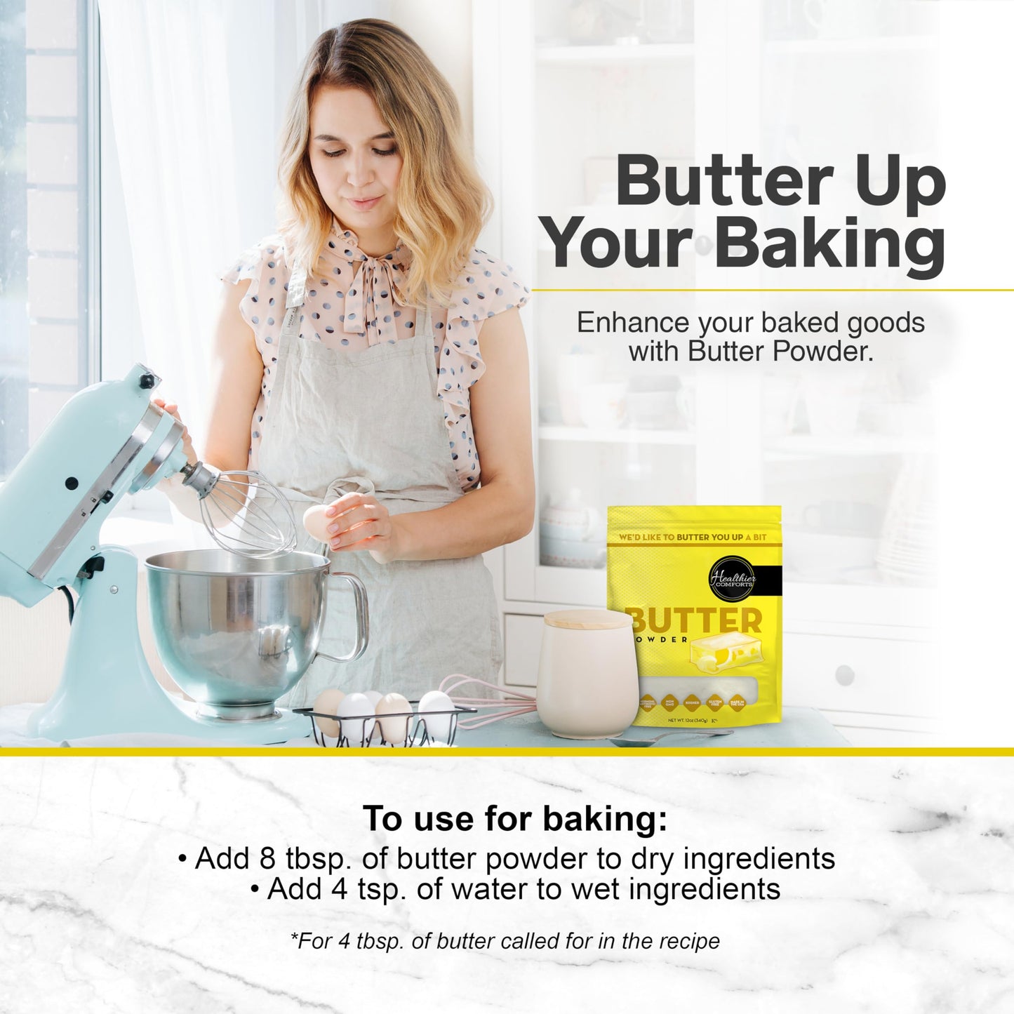 Healthier Comforts Butter Powder | Dehydrated, Shelf Stable Butter | Kosher, Gluten Free, Non-GMO | Popcorn, Baking, Seasoning |