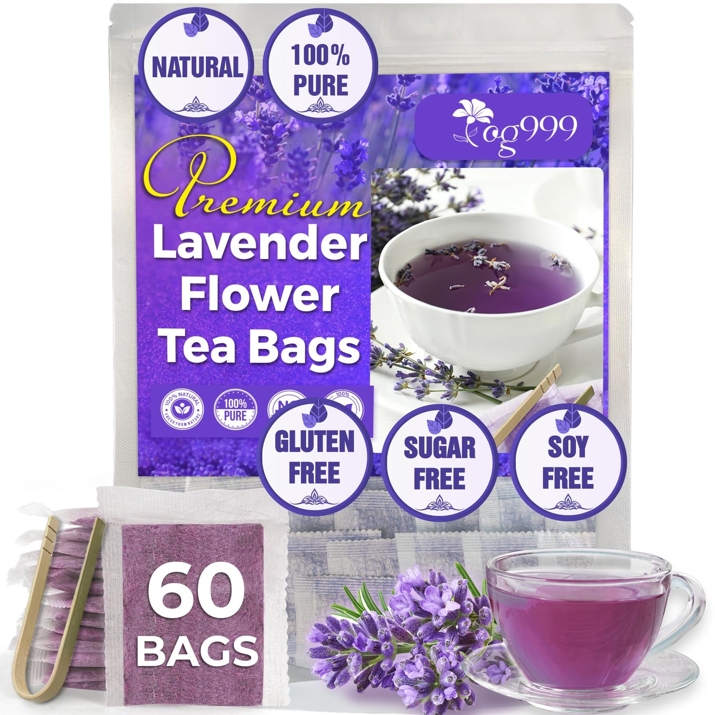 TOG999 Lavender Flower Tea Bags, 100% Natural Herbal Tea, 60 Bags, Caffeine-Free, Vegan