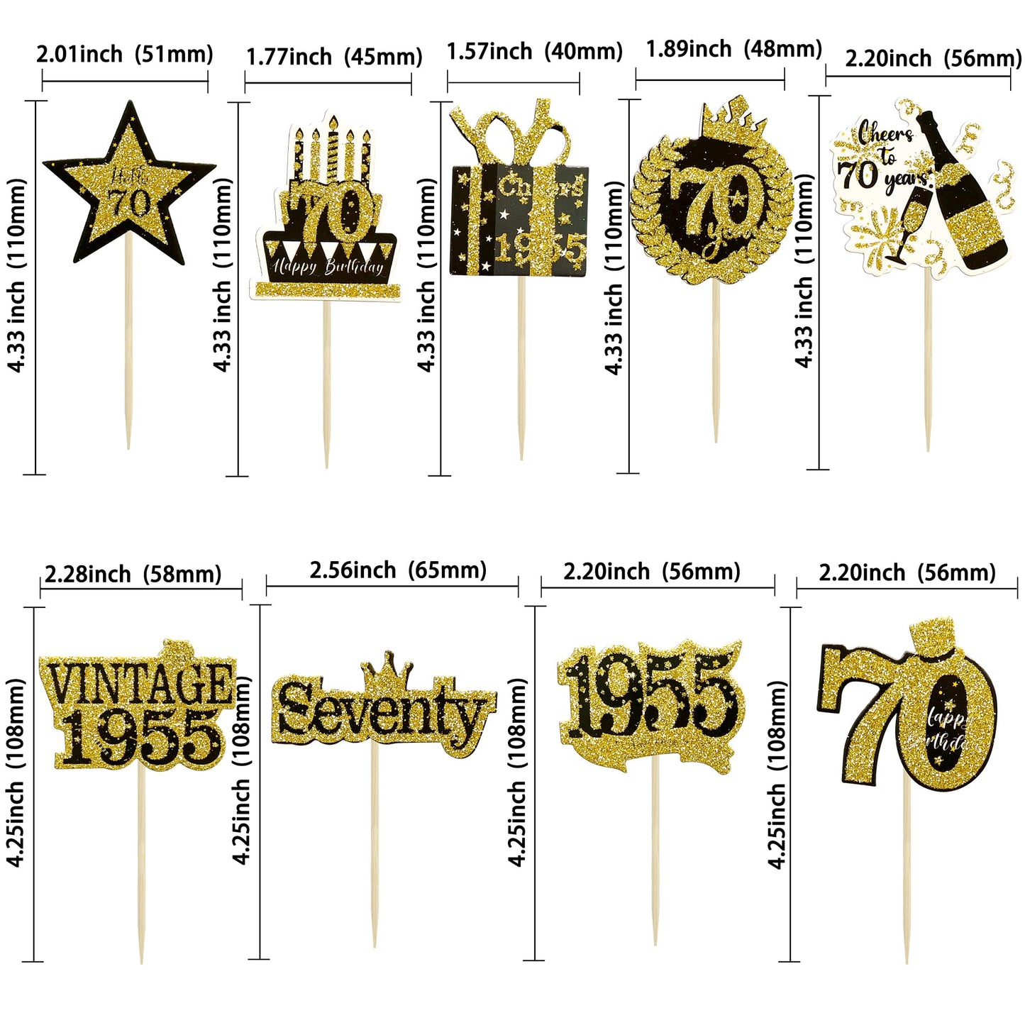 Gyufise 36Pcs Happy 70Th Birthday Cupcake Toppers Glitter Black Gold Seventy Hello 70 Vintage 1955 Cupcake Picks Cheers To 70 Ye