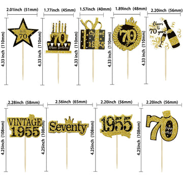 Gyufise 36Pcs Happy 70Th Birthday Cupcake Toppers Glitter Black Gold Seventy Hello 70 Vintage 1955 Cupcake Picks Cheers To 70 Ye