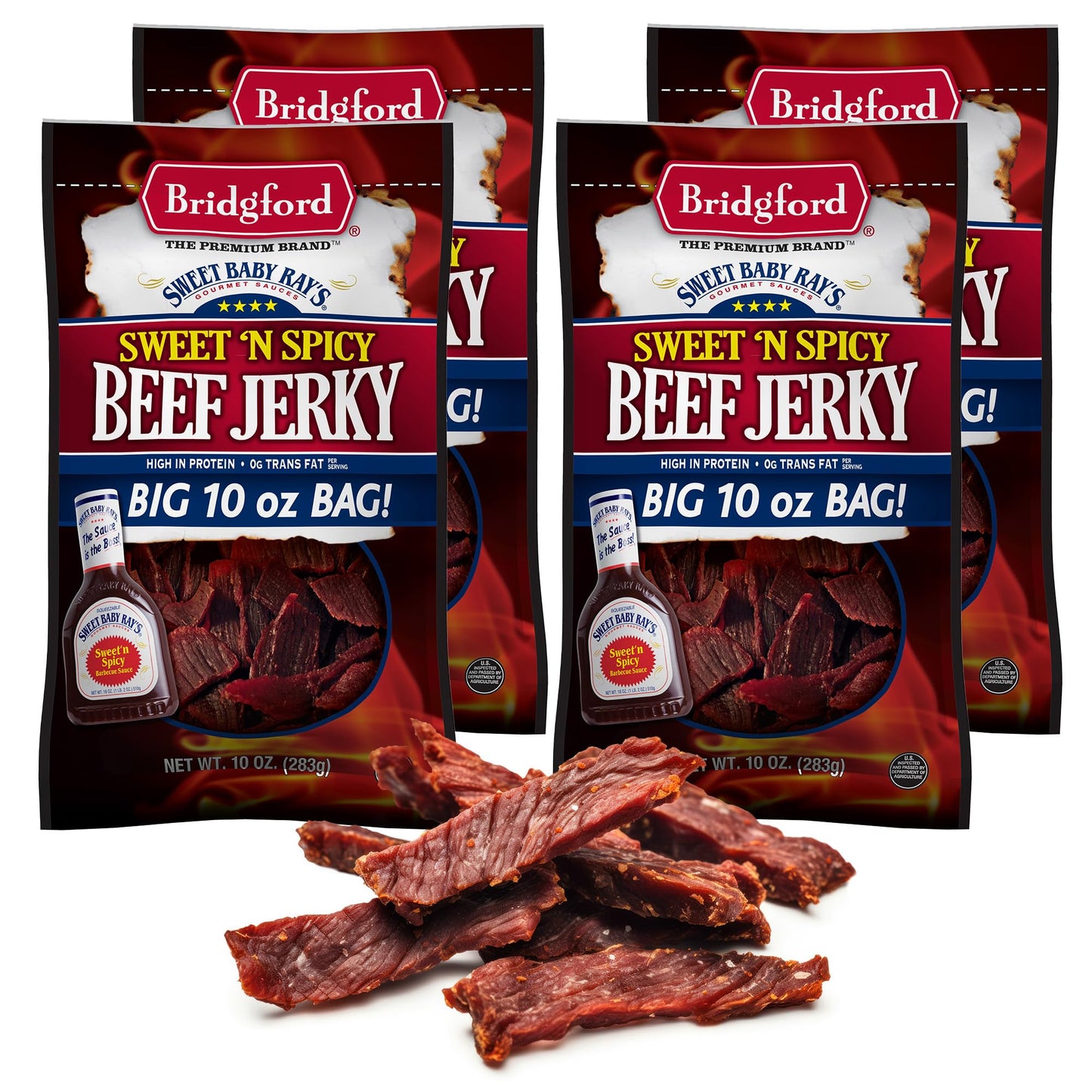 Bridgford Beef Jerky Sweet N Spicy - High Protein Snack - 10 oz Pack of 4