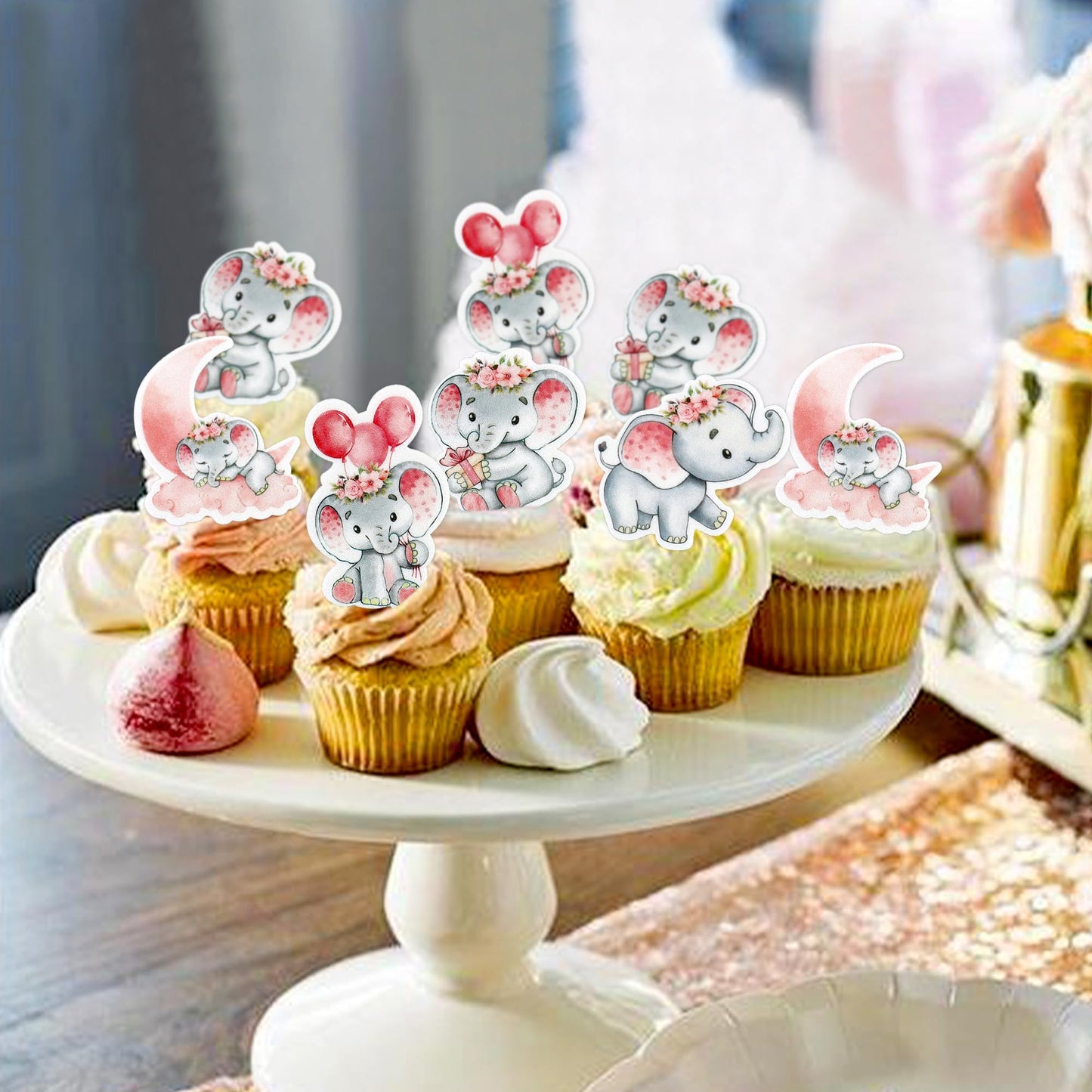 40 Pcs Edible Wafer Paper Pink Elephant Cupcake Toppers Selection Elephant Theme Drink Topper Gender Reveal Baby Shower Decorati