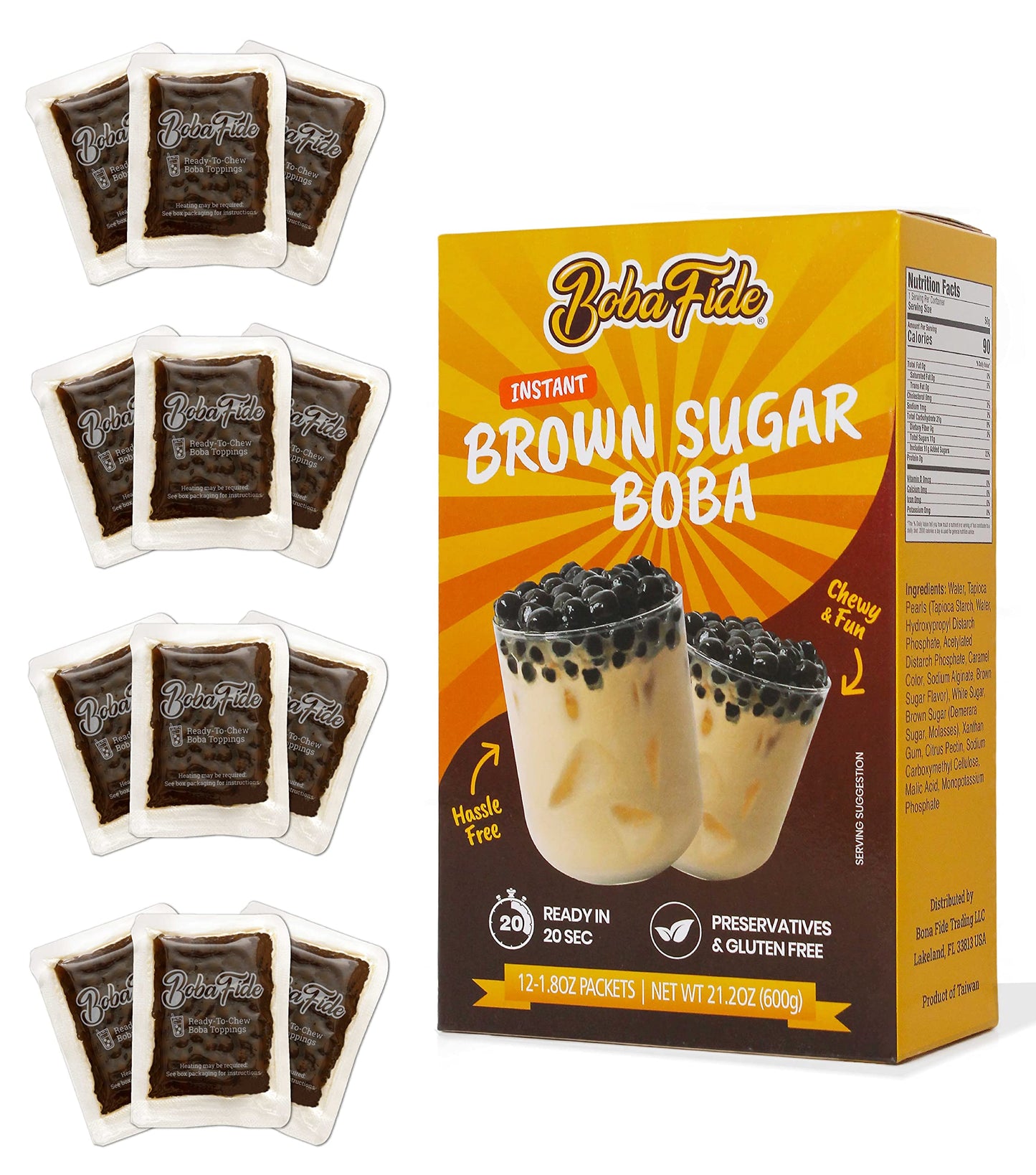 BOBA FIDE Instant Brown Sugar Boba Tapioca Pearls, 12 Packets of Microwavable Black Tapioca Pearls for Boba Bubble Tea, Ready in