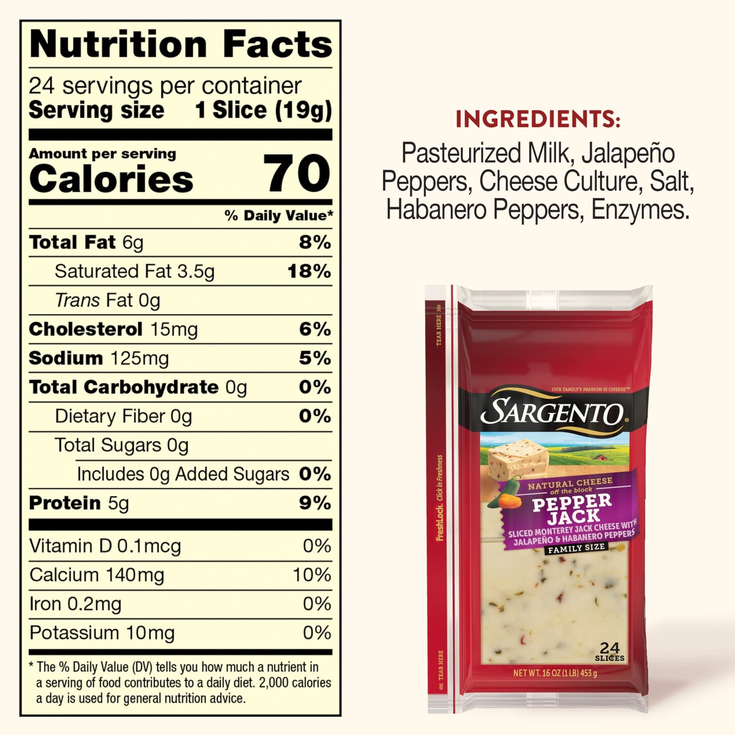 Sargento Natural Pepper Jack Sliced Cheese, 24 Slices