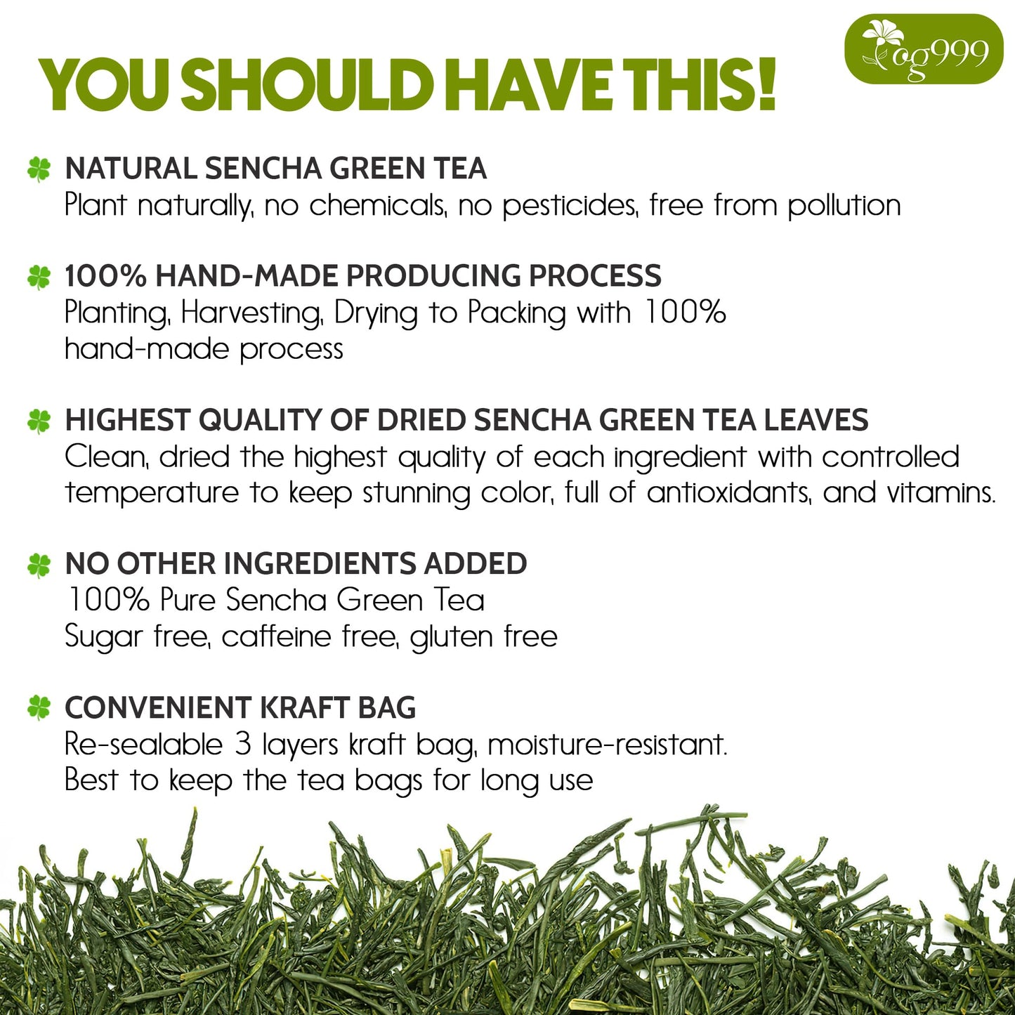 Tog999, Premium 60 Sencha Green Tea Bags, 100% Natural & Pure From Sencha Green Tea Leaves. Loose Leaf Sencha Herbal Tea. No Sug
