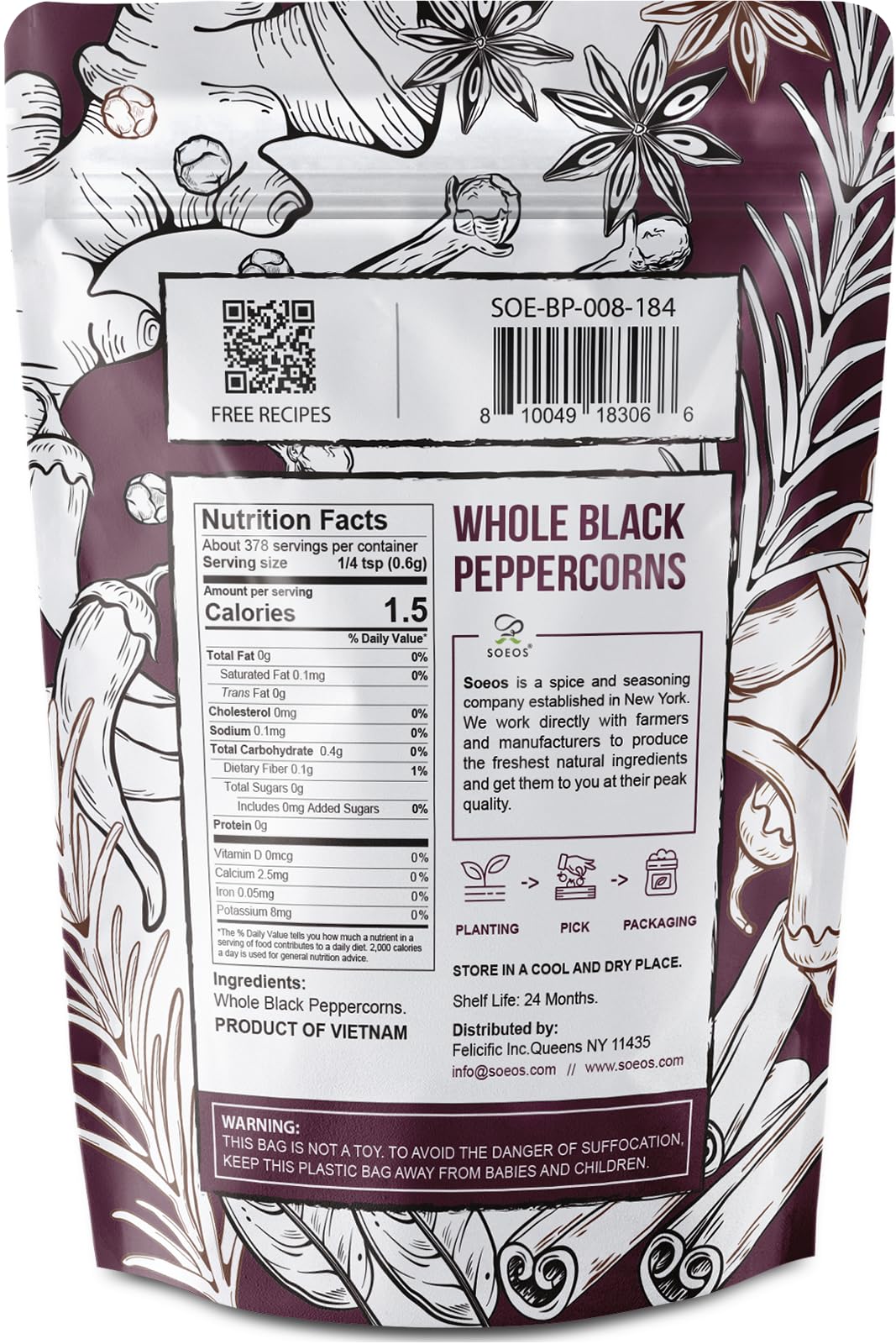 Soeos Black Peppercorns, 8oz (Pack of 1), Non-GMO, Kosher, Packed to Keep Peppers Fresh, Peppercorn for Grinder Refill, Whole Pe
