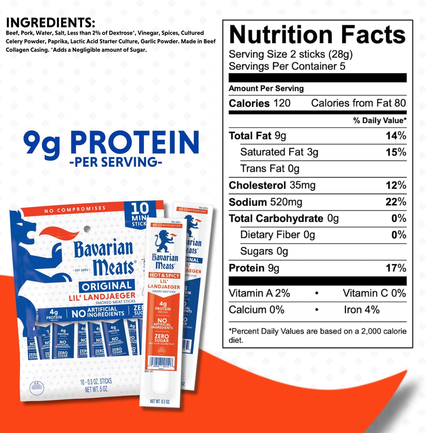 Bavarian Meats Lil Landjaeger Meat Sticks, Individually Wrapped Smoked Sausage Protein Snacks, Zero Sugar, Great Source Of Protein, Gluten Free, Keto Friendly Low Carb Snack, 0.5 Ounce (Pack Of 10)