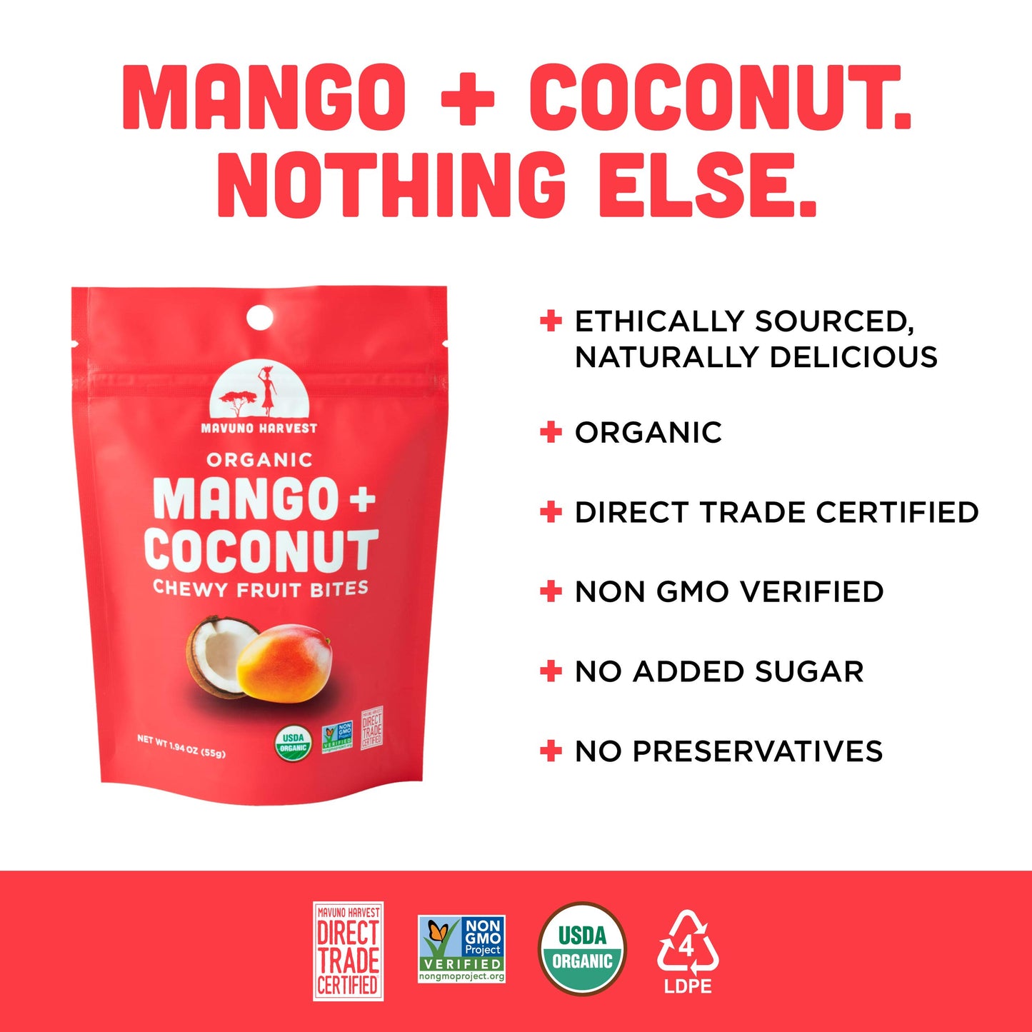 Mavuno Harvest Organic Chewy Fruit Snacks - Mango & Coconut - Non-GMO - 1.94 oz (Pack of 3)